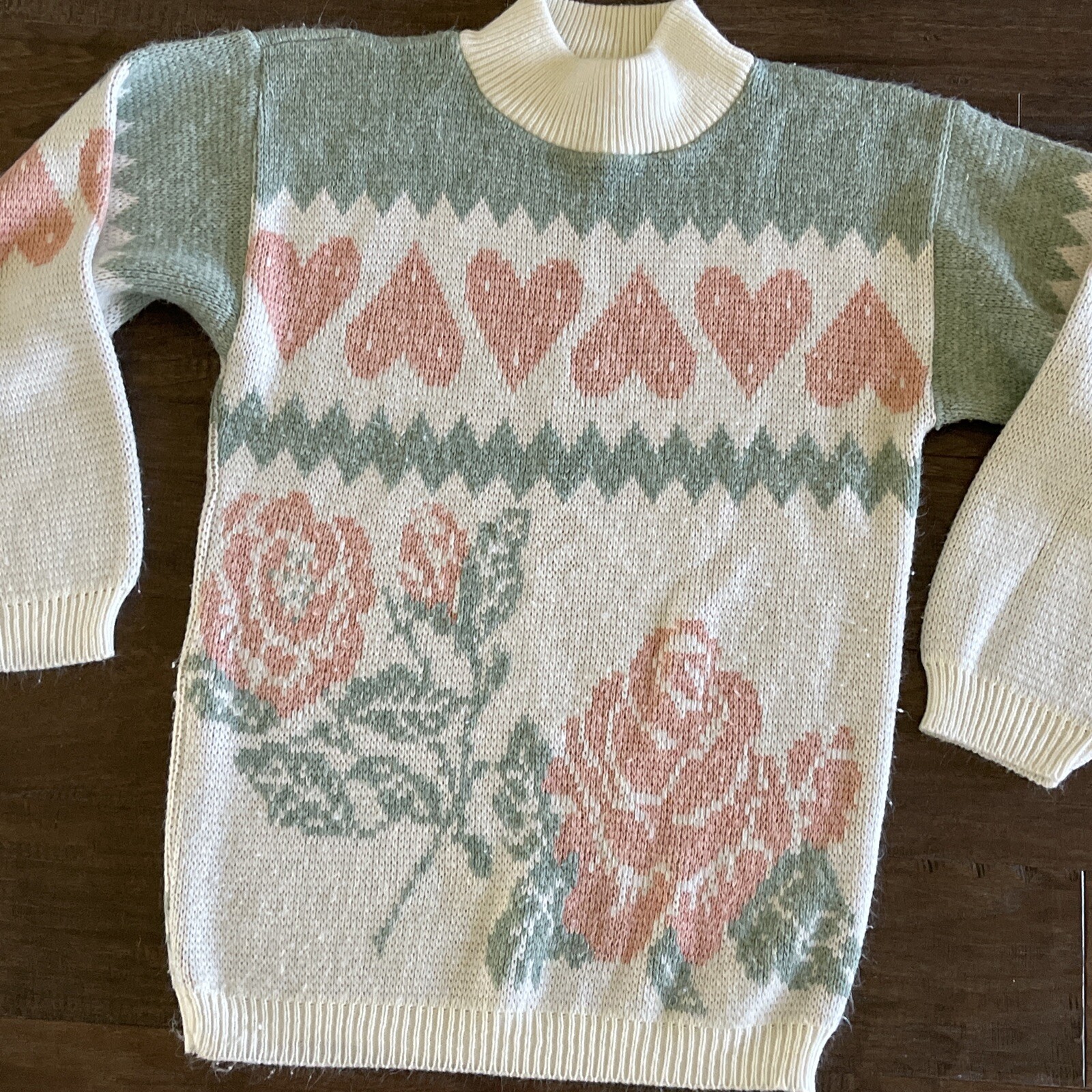 Vtg 80’s 90’s Sweater Womens Sz S White Pastel Roses Hearts Floral Cottage USA