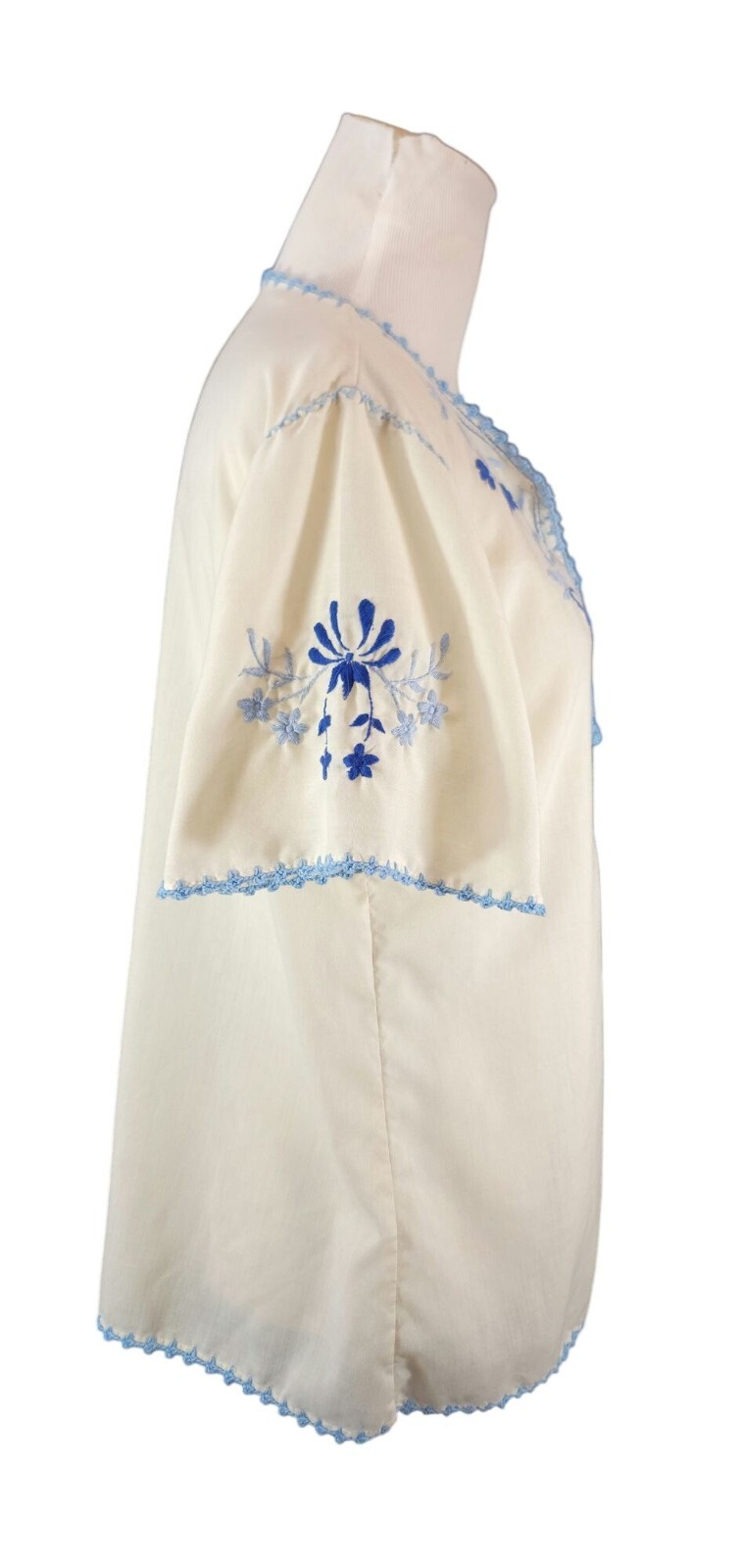 Vintage 1930s Hungarian White & Blue Bohemian Embroidered Floral Folk Blouse S