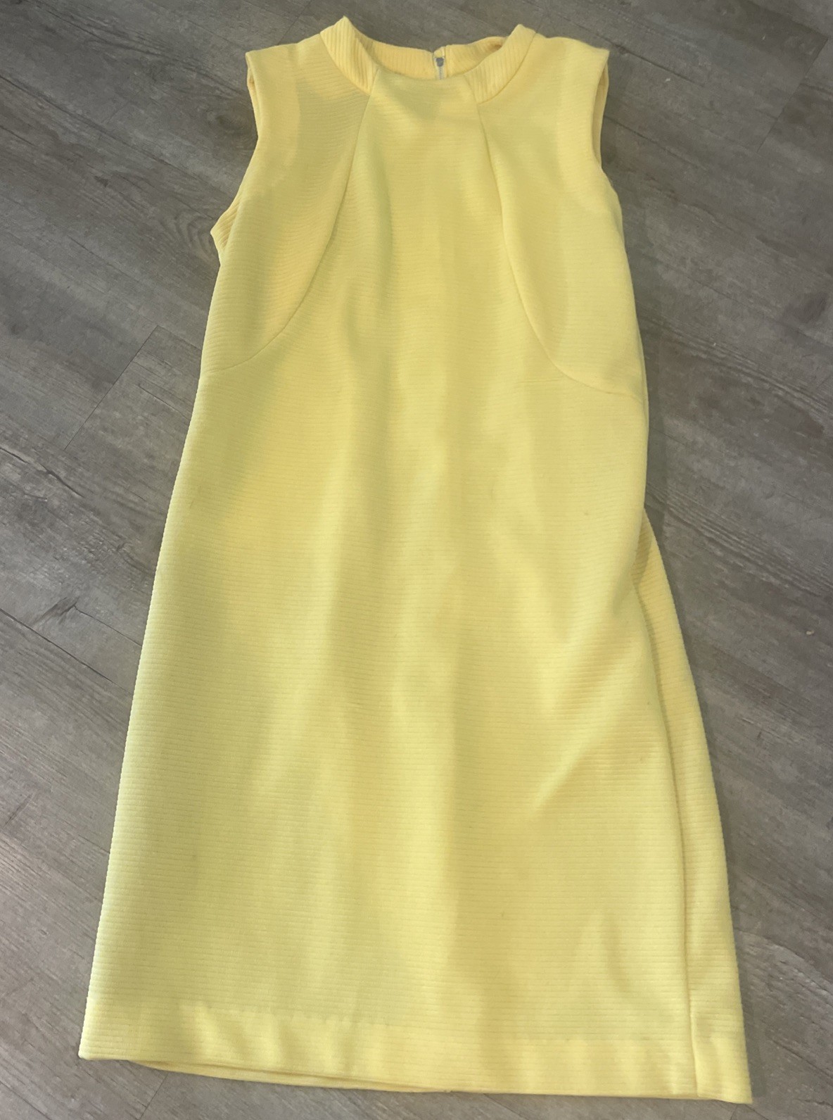 1960s Mod Yellow Textured Knit High Jewel Neck ALine Mini Dress w/Princess Seam