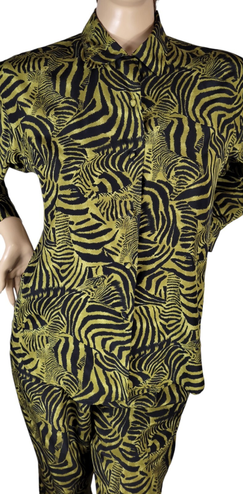 Vintage Ann May 100% Silk Zebra Green & Black Animal Blouse & Pant Suit Set 8