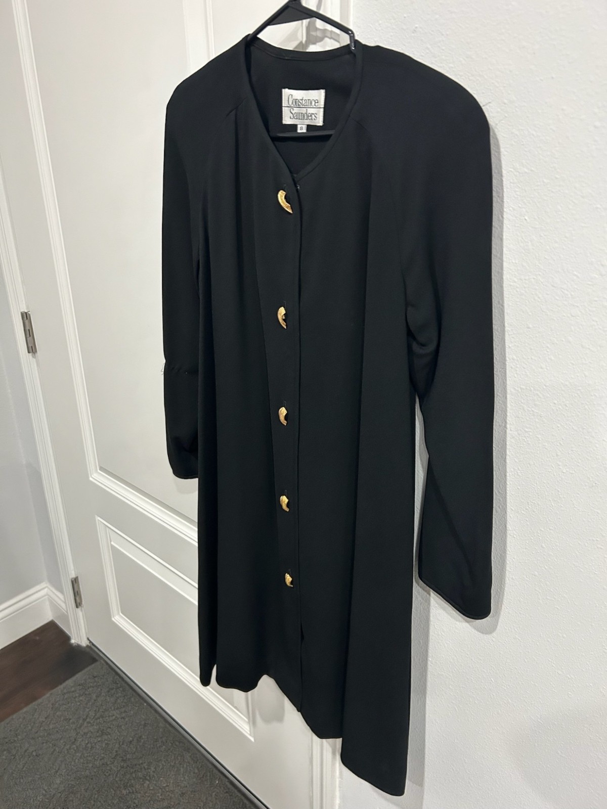 Vintage 80s Constance Saunders Button Front Long Coat Dress Black Sz 8 Formal