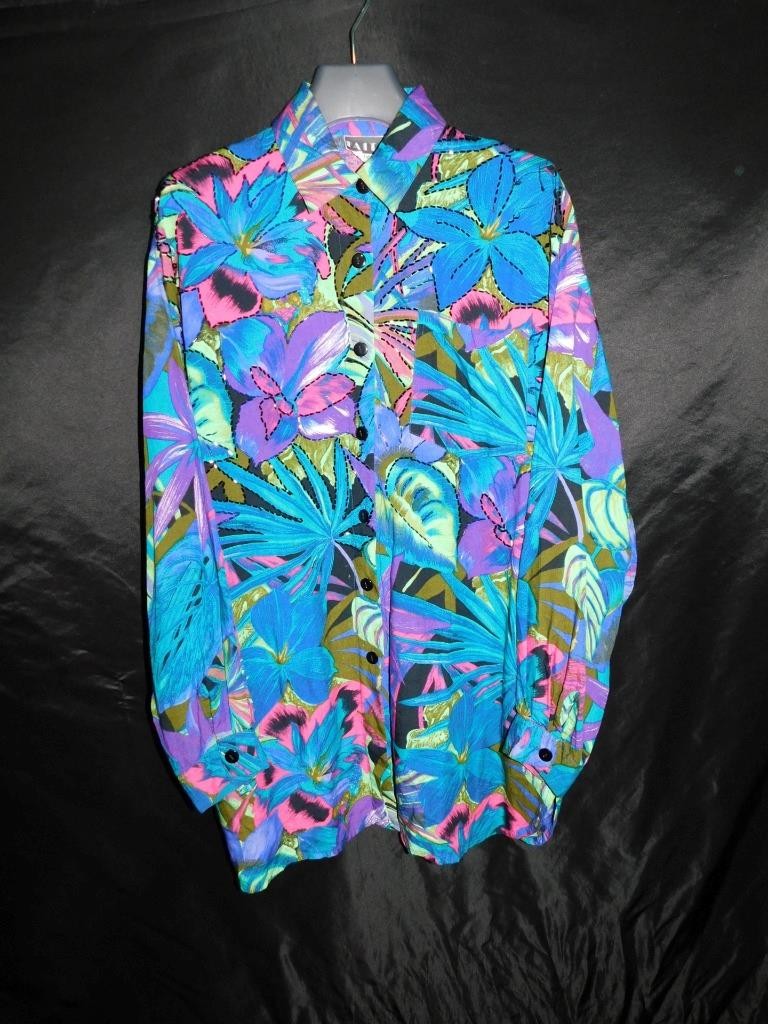 Vintage 80s Faith L Blue Pink Purple Tropical Floral Beaded Shirt Long Sleeve