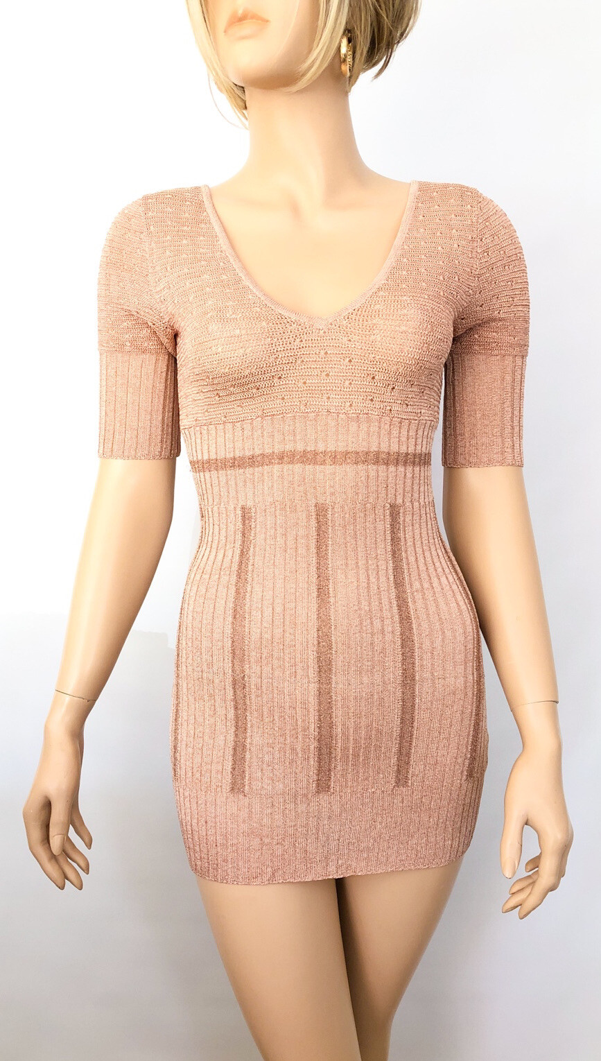 Retro Knit Mini Sweater Dress Rose Gold Copper Crochet 90s Designer Vintage SM