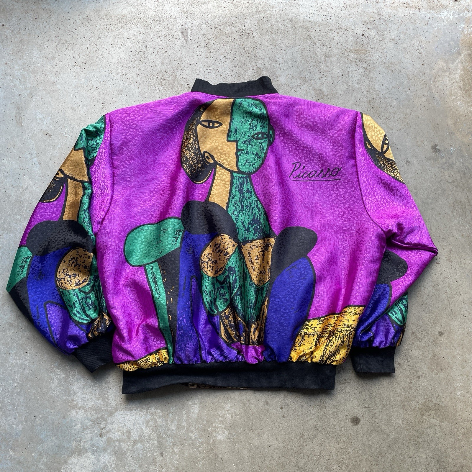 Rare Vintage 80’s Reversible Silk Picasso Art Bomber Jacket Woman’s XL Padded