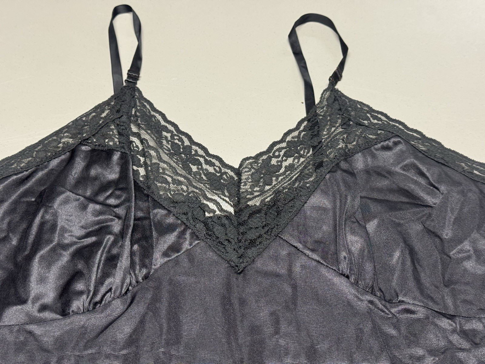 Vtg Sliperfection Sissy Full Slip Black Sz 44 Nylon Tricot Antron Silky Lace USA