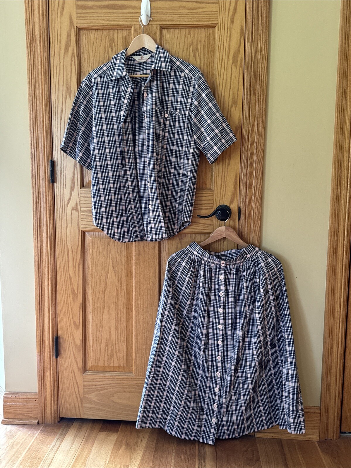Vintage 80s Skirt Set Womens Cotton Plaid Skirt (6)& Blouse(8)