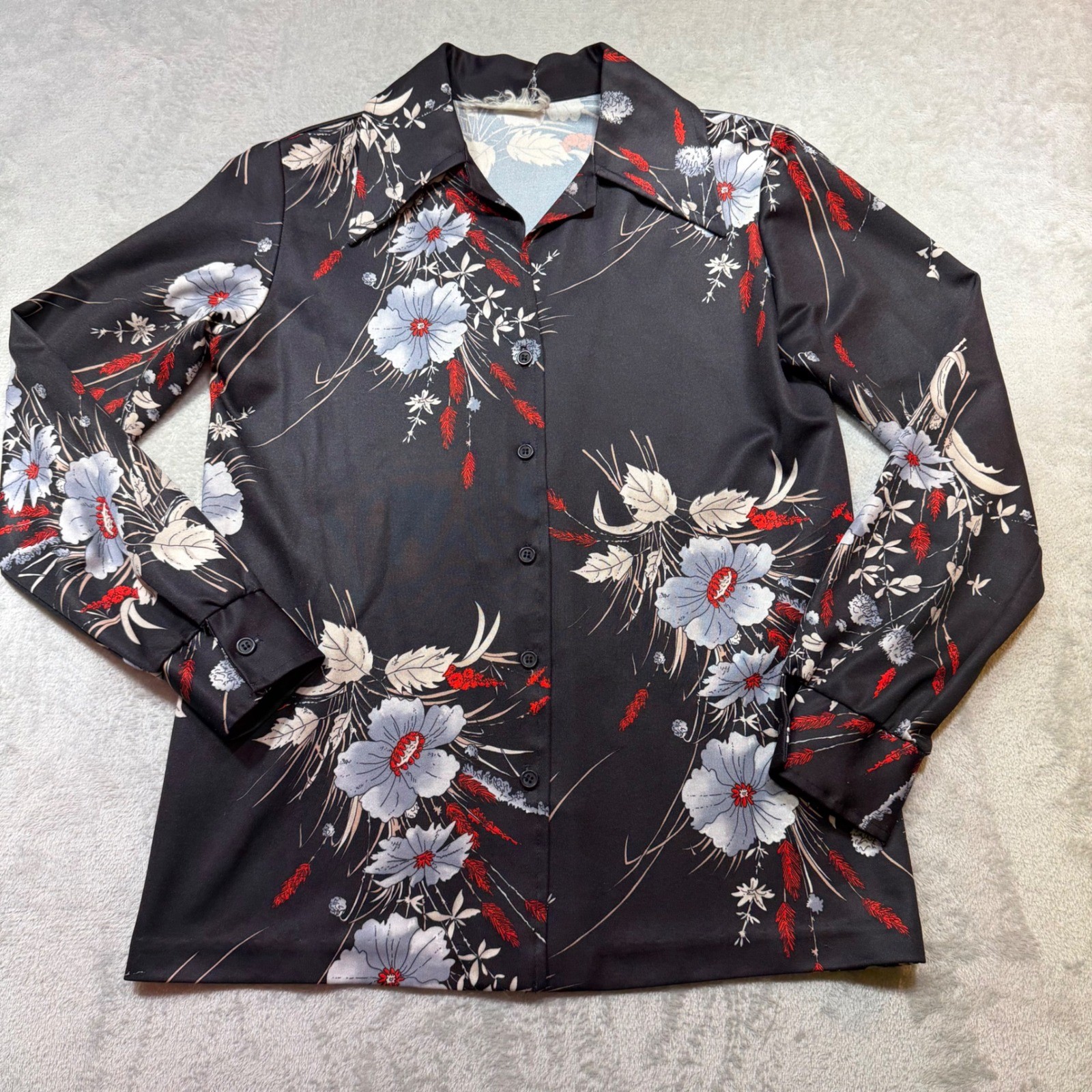 Vintage 70s Black Floral Disco Blouse Long Sleeve Button Up Pointed Collar Small