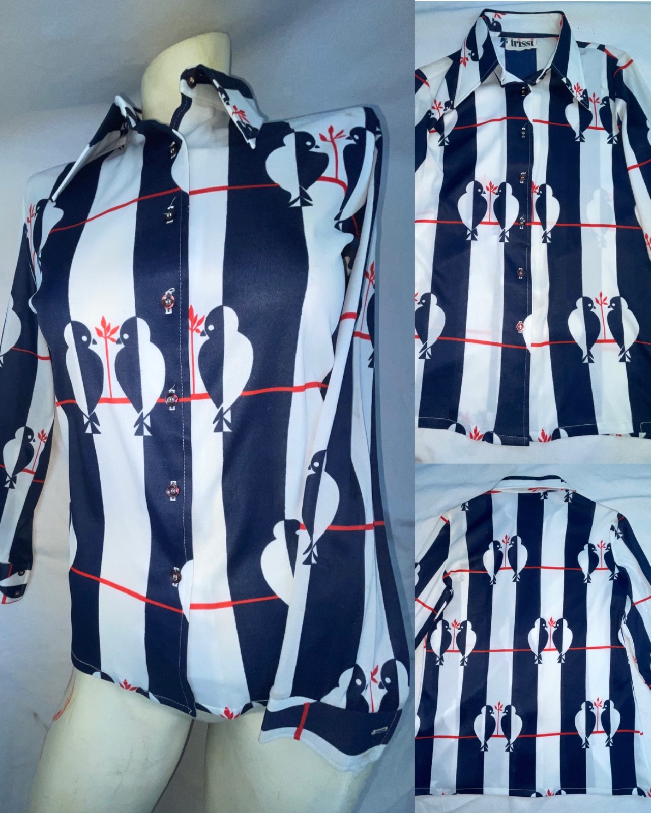 VTG 60S 70S WOMENS S BIRDS STRIPE BUTTON RETRO DISCO TRISSI SHIRT