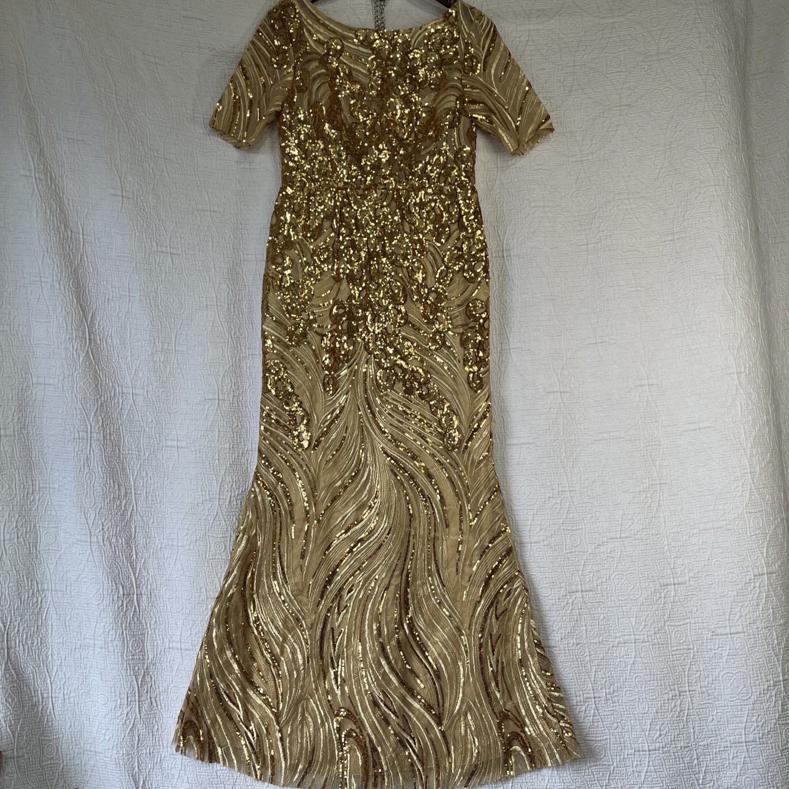 Vintage Gold Sequin Swirl Sheer Mesh Evening Gown Small Maxi Mermaid Lined Dress