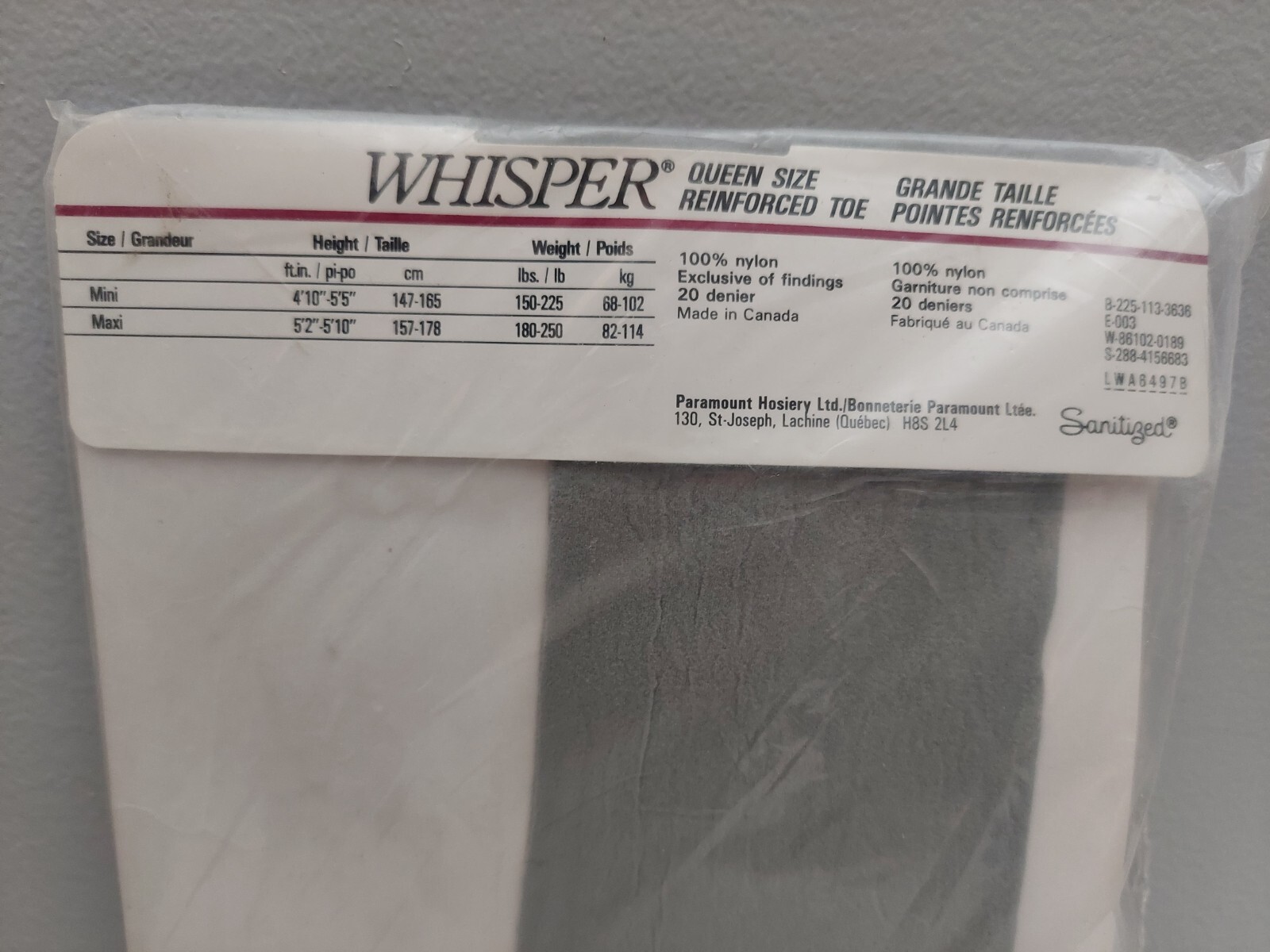 Vintage Pantyhose Whisper Color Dove Grey Size Maxi BWHIS2
