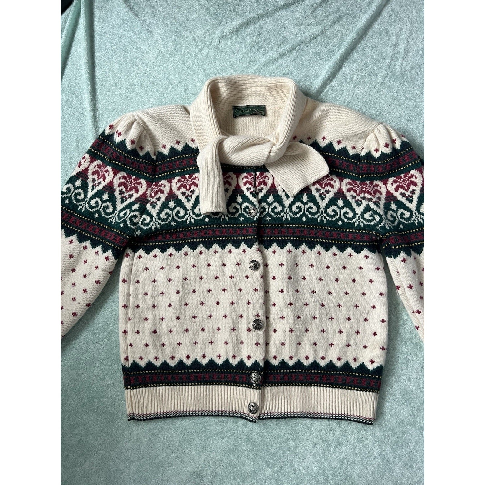 Vintage Cullinane Fair Isle Cardigan Sweater Scarf Cream Red Green Wool Angora