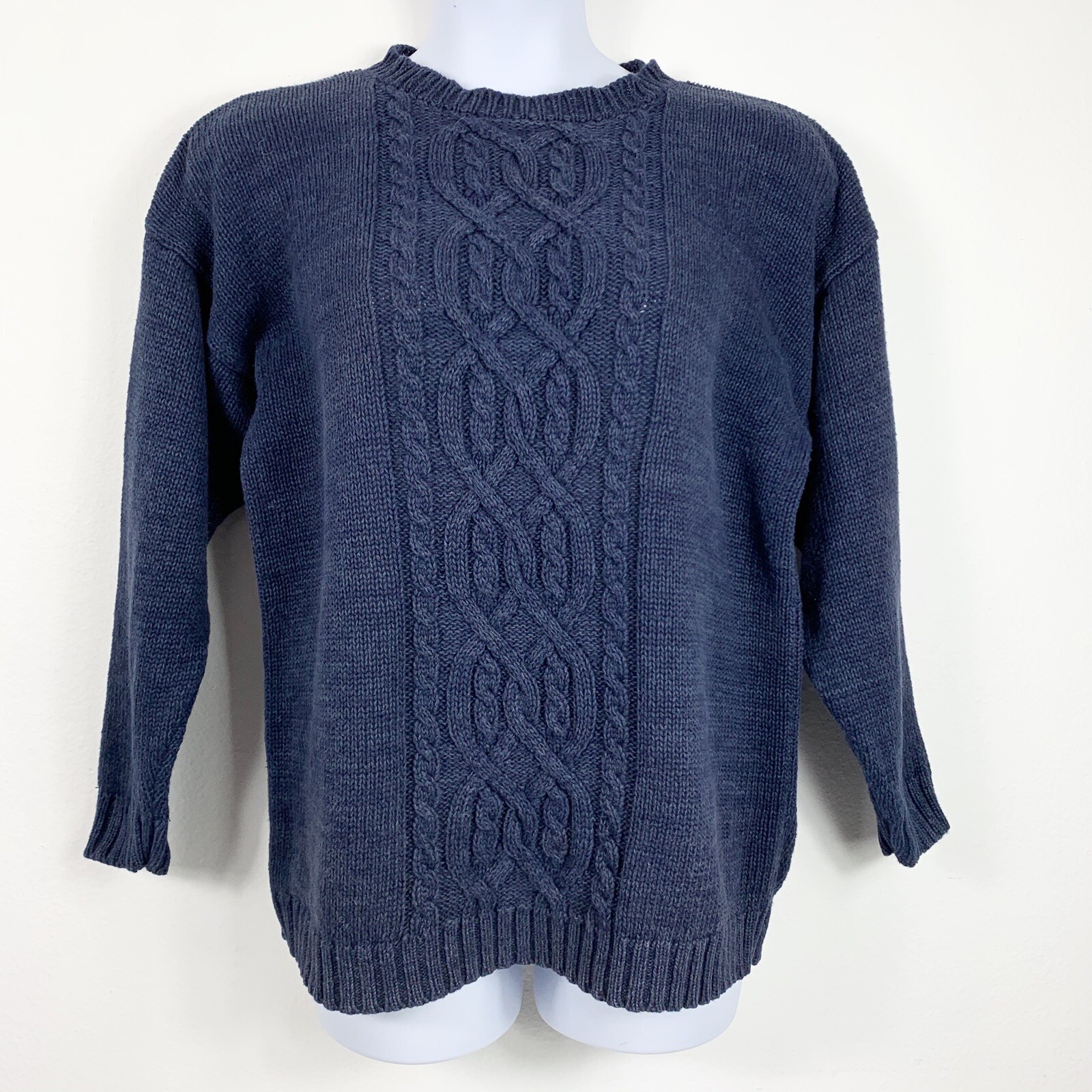 Vintage Sz Large Sweater Hunters Run Chunky Cable Knit Blue Long Sleeve Pullover