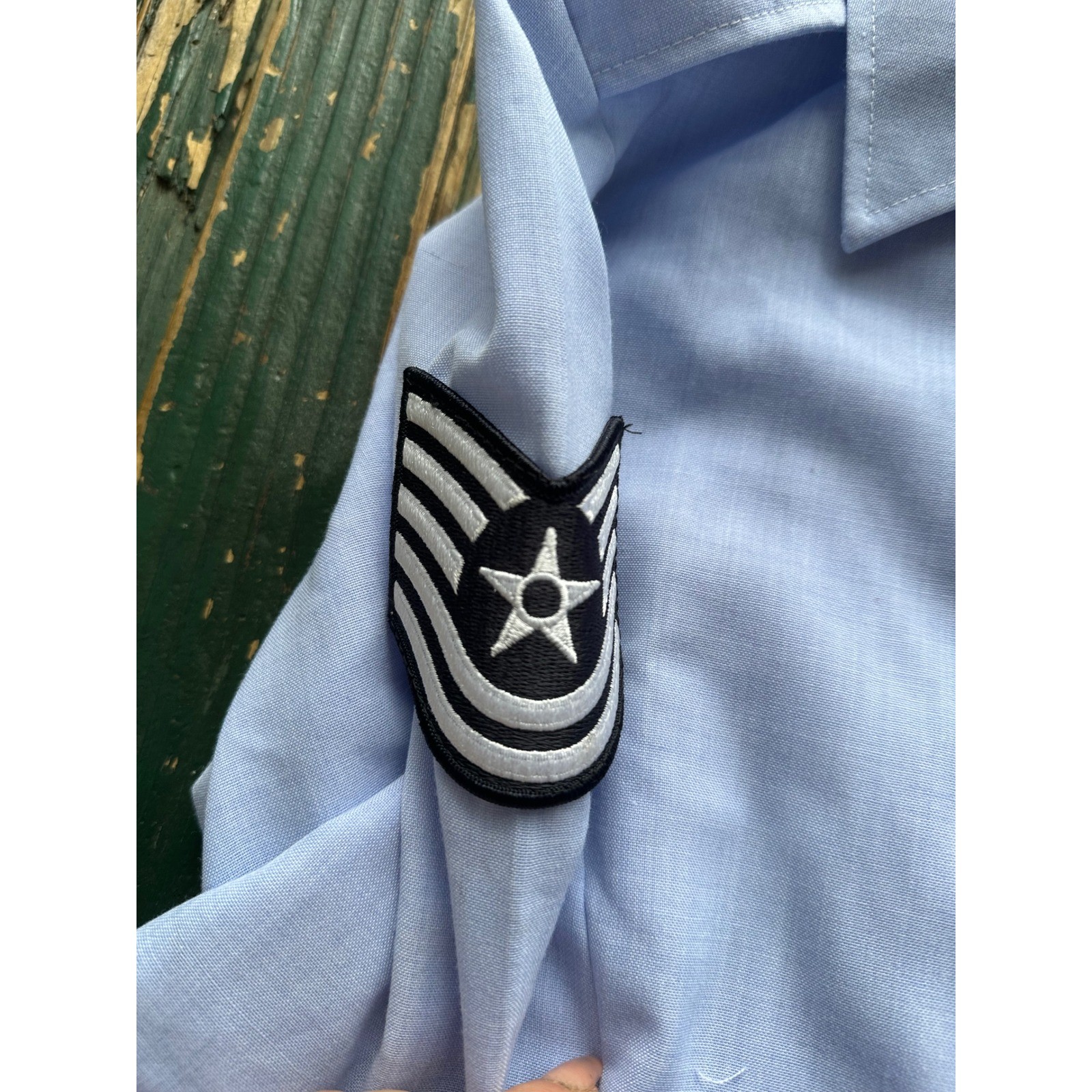 Vintage Calif Fashions USAF Staff Sergeant Patch Shirt Blue Military Blouse 8MS