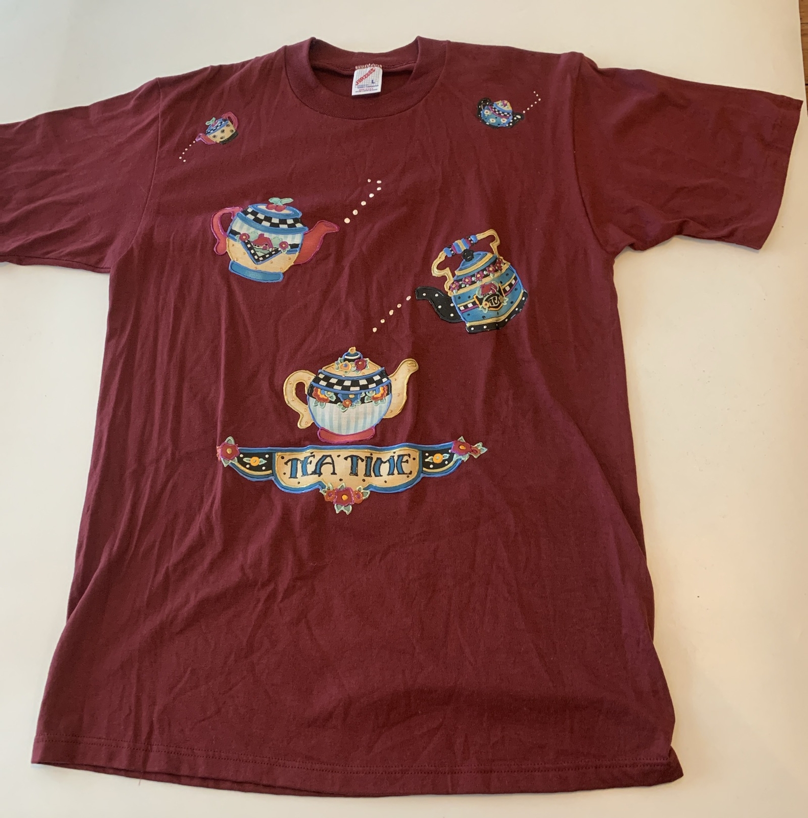 VTG Granny Core Graphic Tea Pots Jerzees L 80s Puffy Paint T Shirt