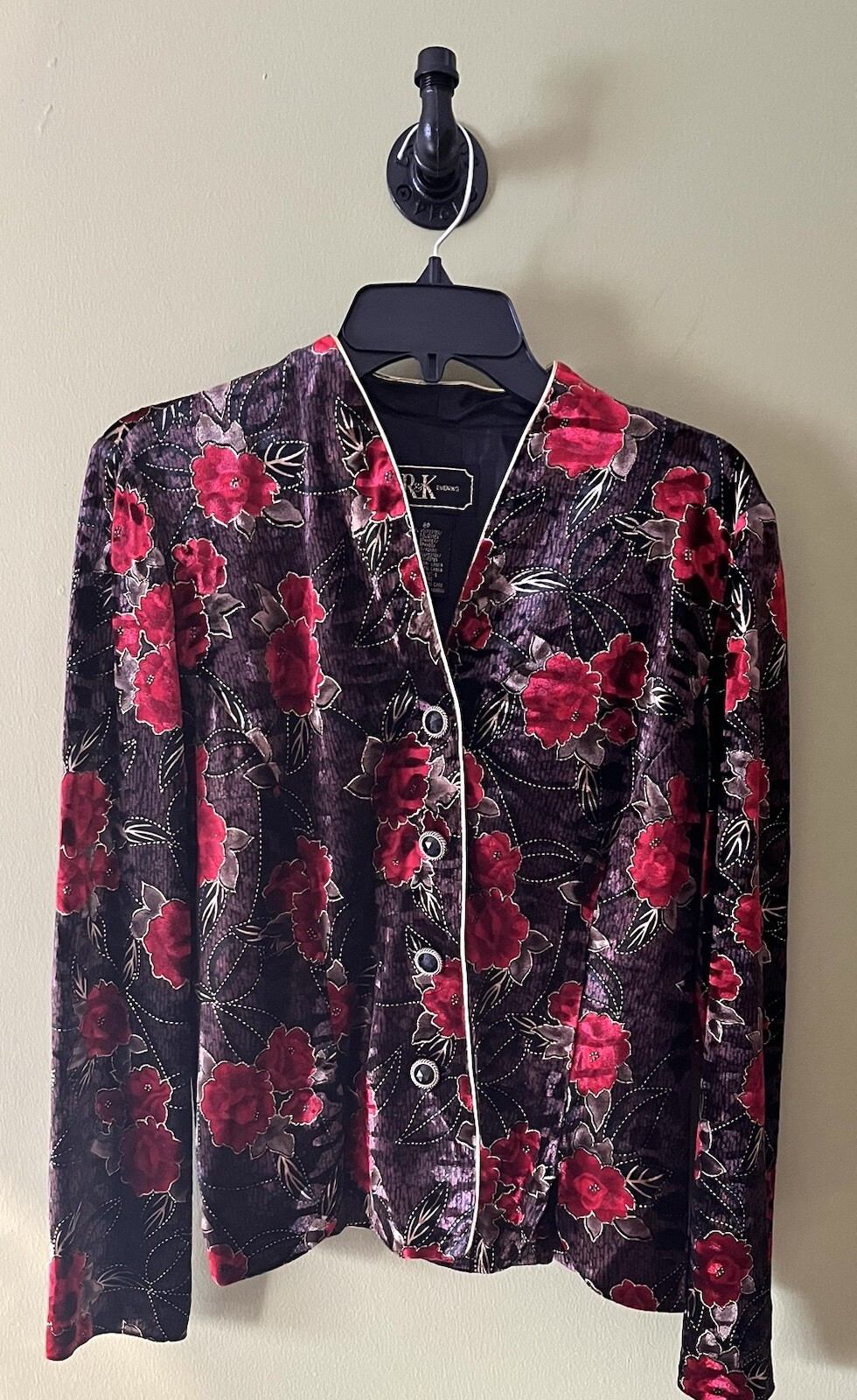 R&K Evening 8P Blouse Jacket Velvet Floral Vintage Ornate Red Black Scallop
