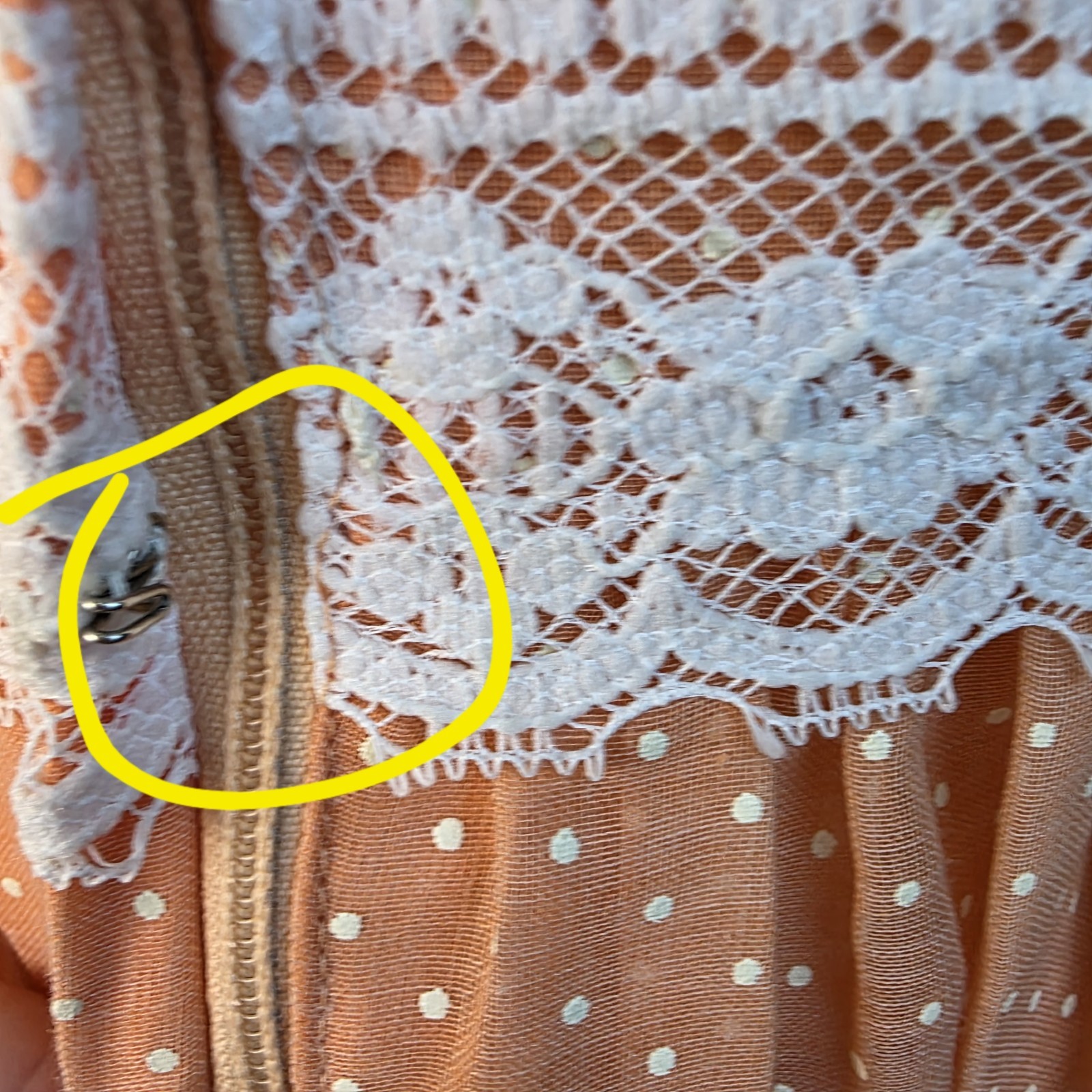 Nadine VTG 1970s Peach Polka Dot Lace Maxi Dress 7 Bell Sleeve Empire Waist