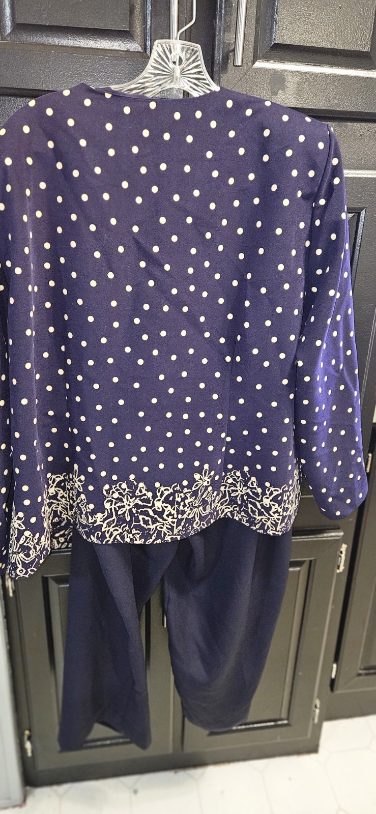 Vintage Leslie Fay Dress Pantsuit Sz 22WP Petite Navy Blue Polkadot Office