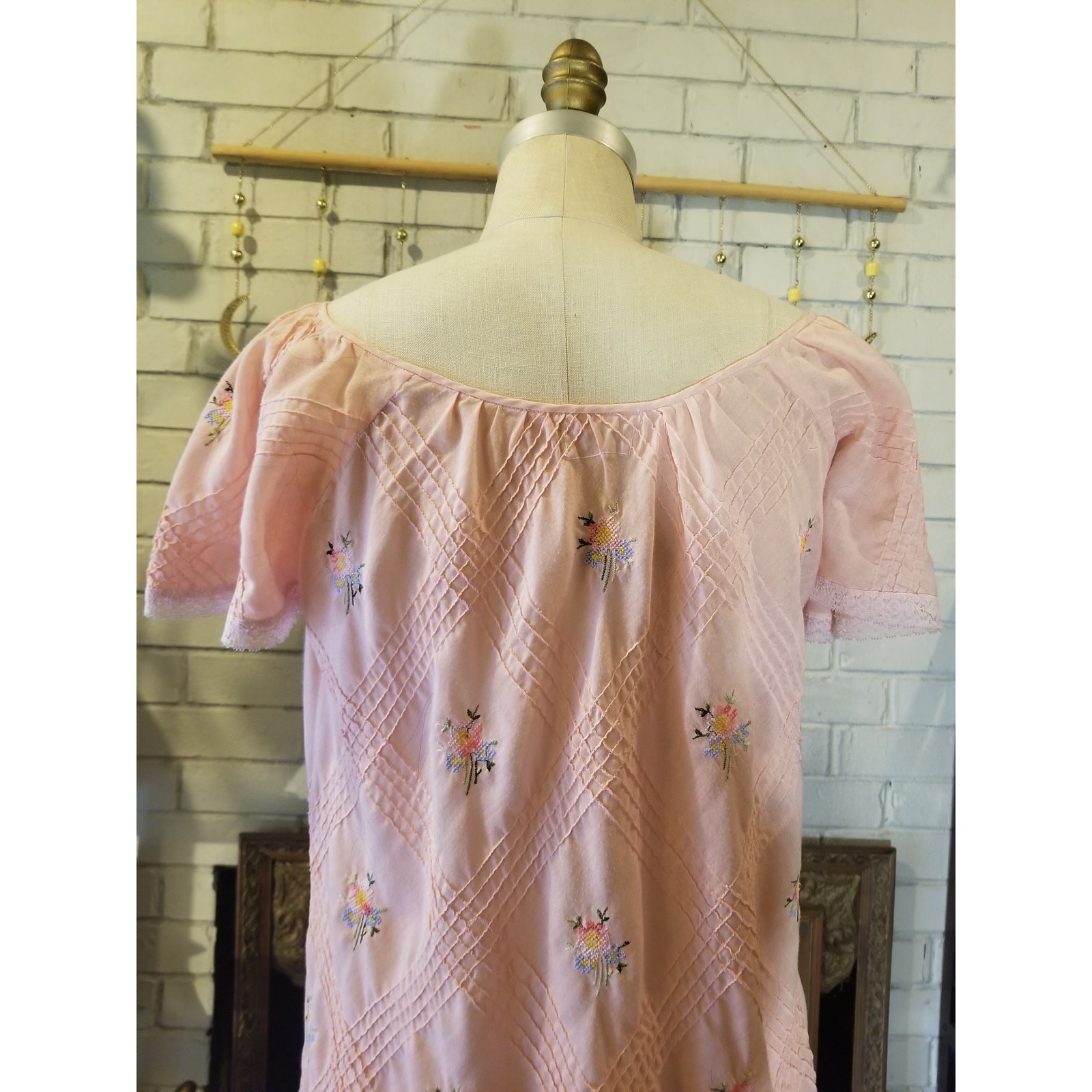 Vintage 70s Pink Drop Waist Dress | Pastel Floral Cross Stitch & Pintucks (S)