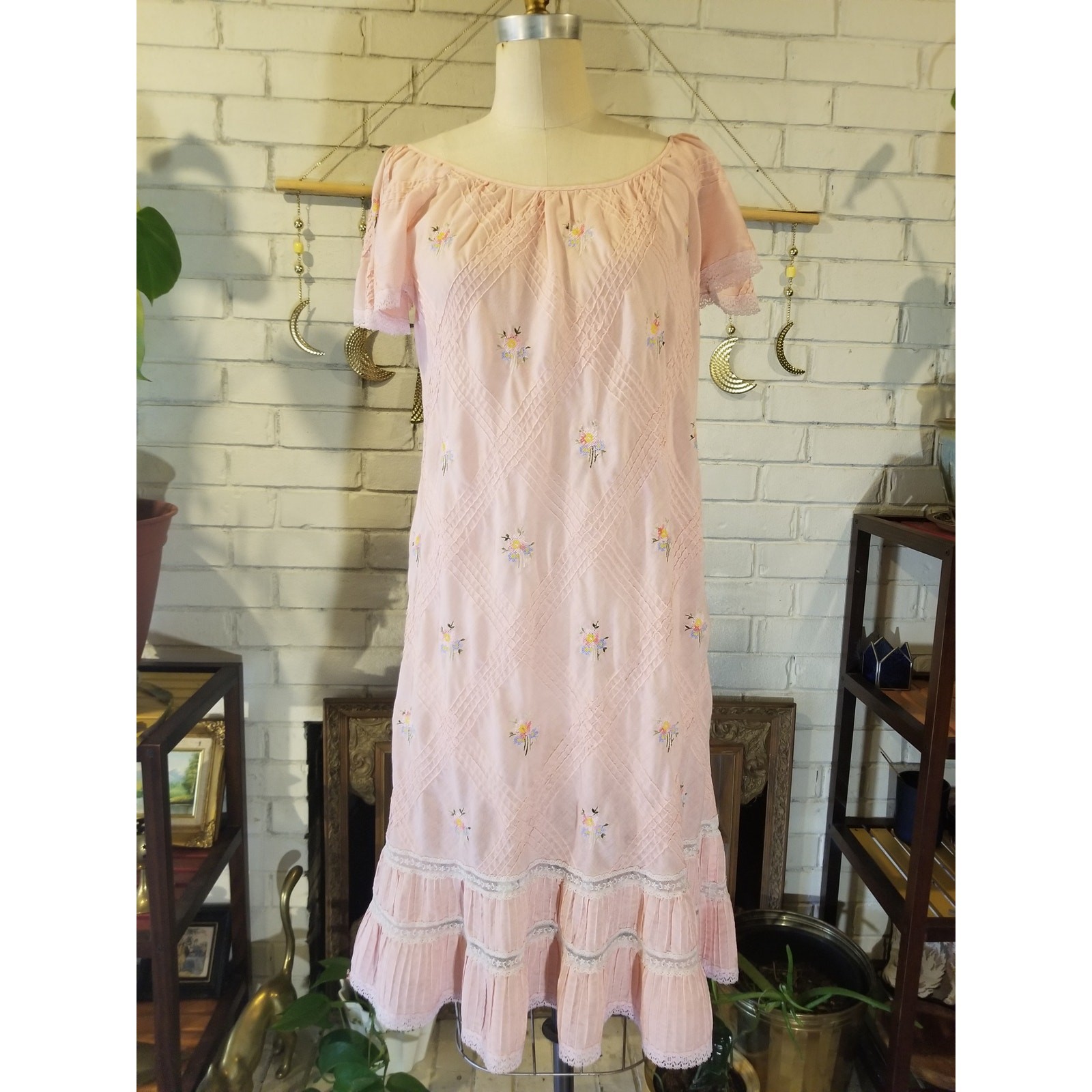 Vintage 70s Pink Drop Waist Dress | Pastel Floral Cross Stitch & Pintucks (S)