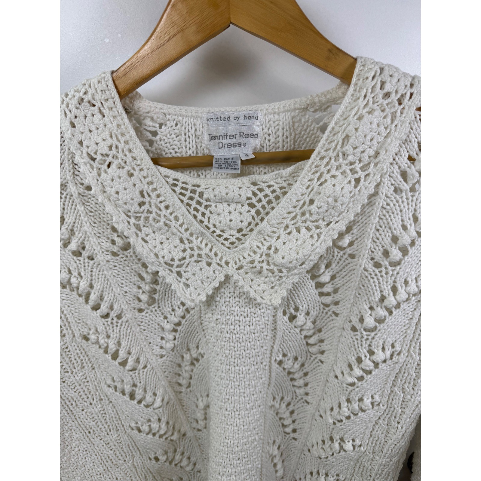 Jennifer Reed Dress Vintage Hand Knitted Cream Ramie Cotton Pointelle Sweater 4