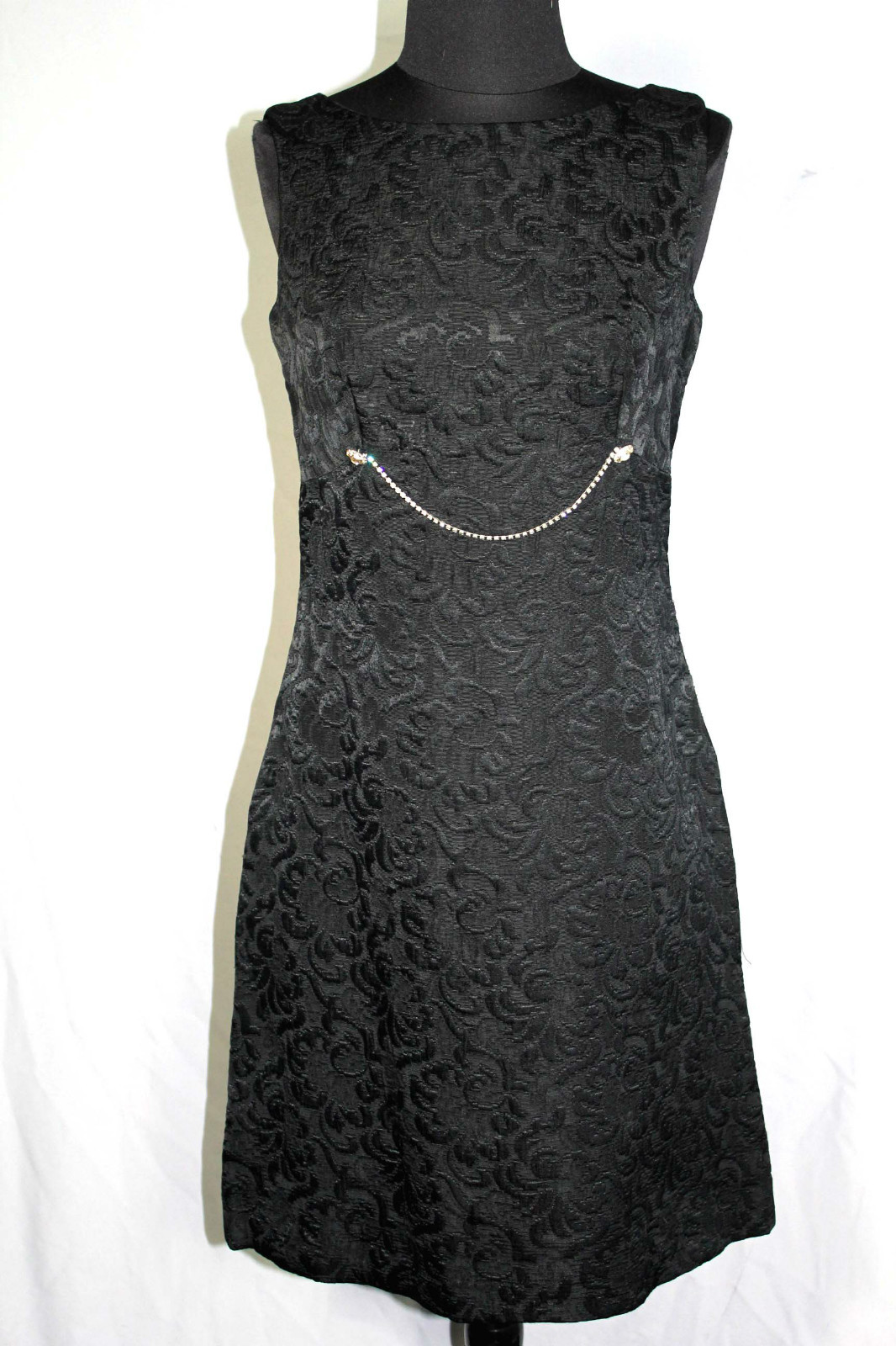 VINTAGE 1960’S BLACK RAYON FLORAL BROCADE RHINESTONE BELT COCKTAIL DRESS SIZE 6