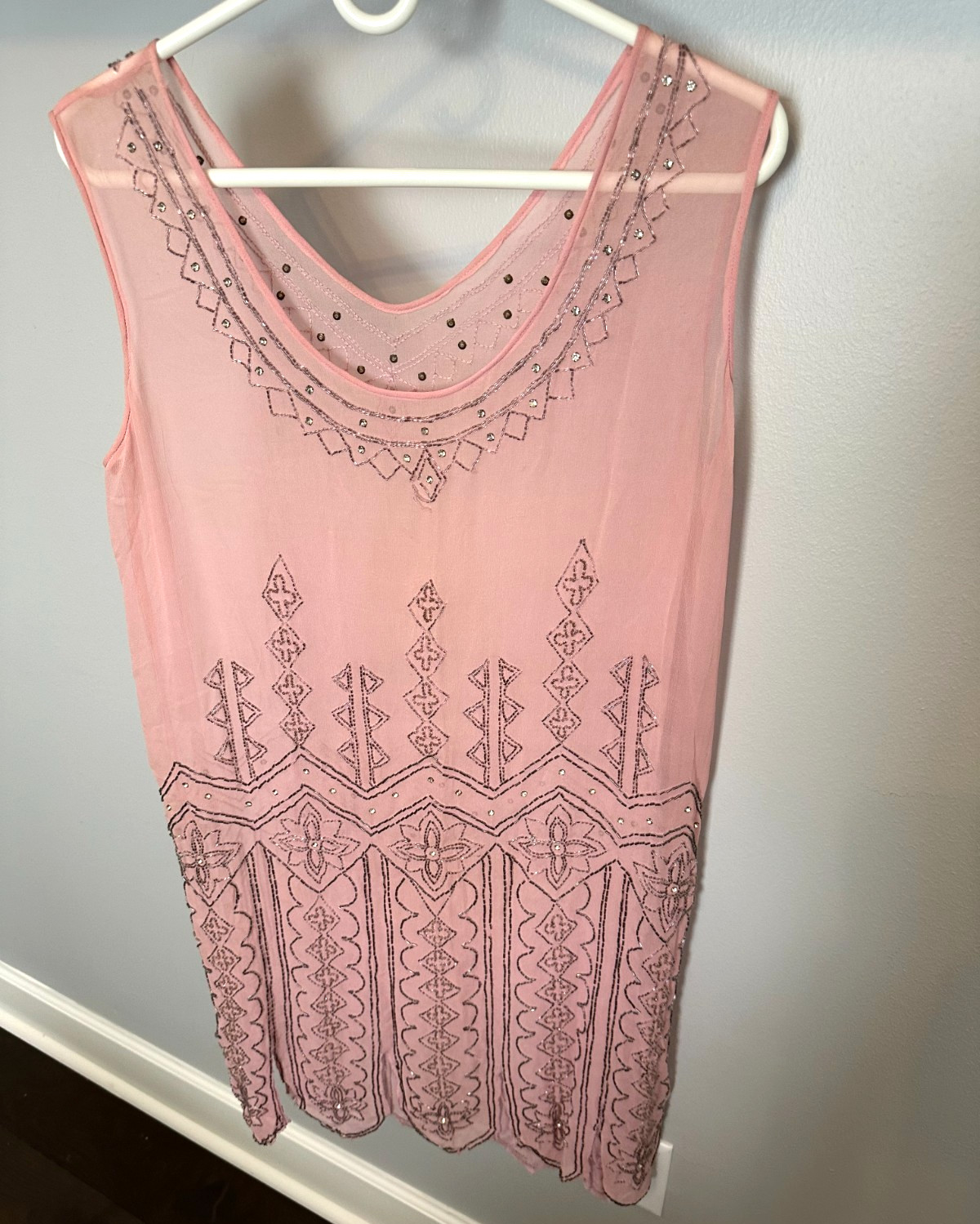 Antique Ornate Silk Crepe Beaded Pink Sheath Flapper Dress