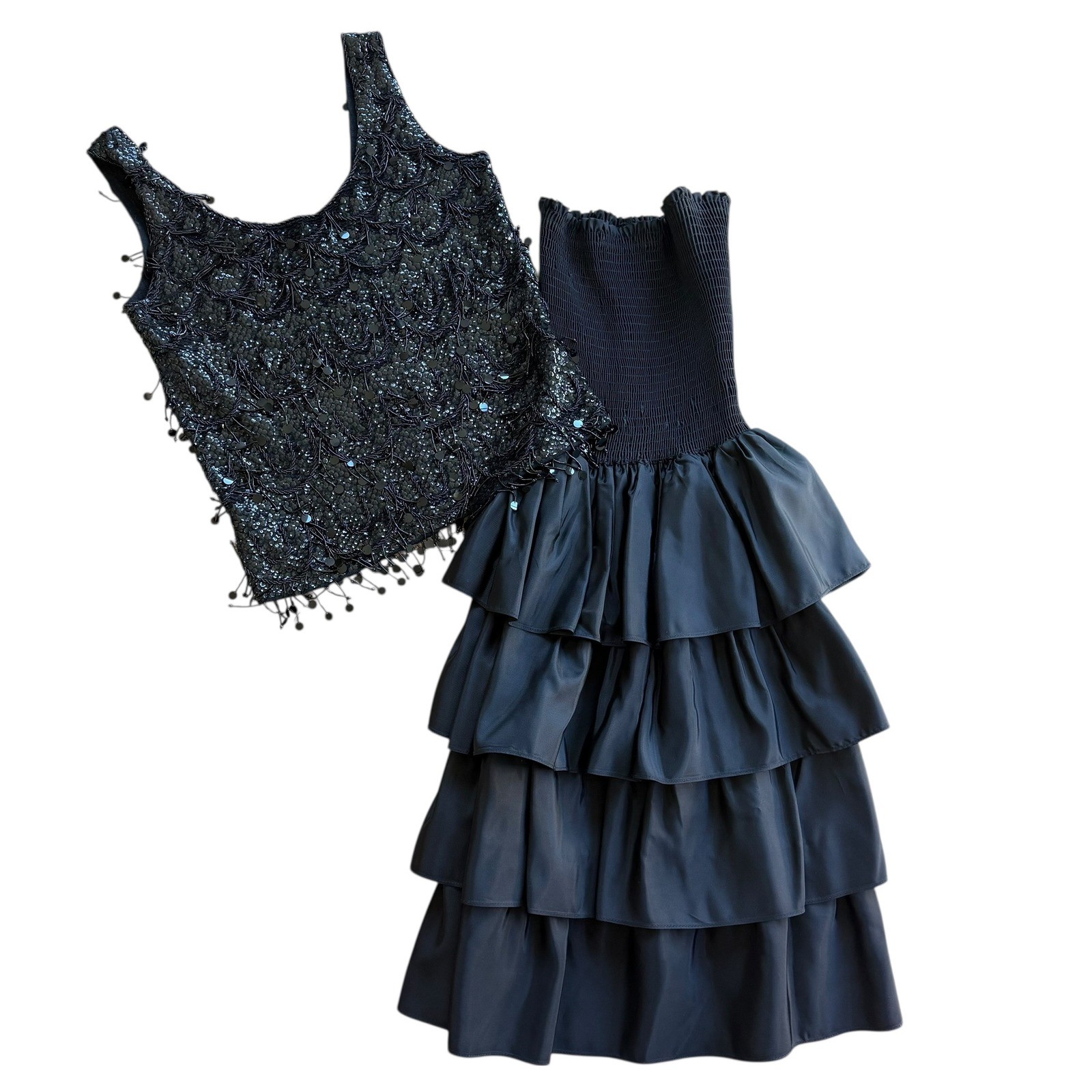 Tabby of California Vintage Sequin Beaded Top Tiered Ruffle Skirt Set Black 12