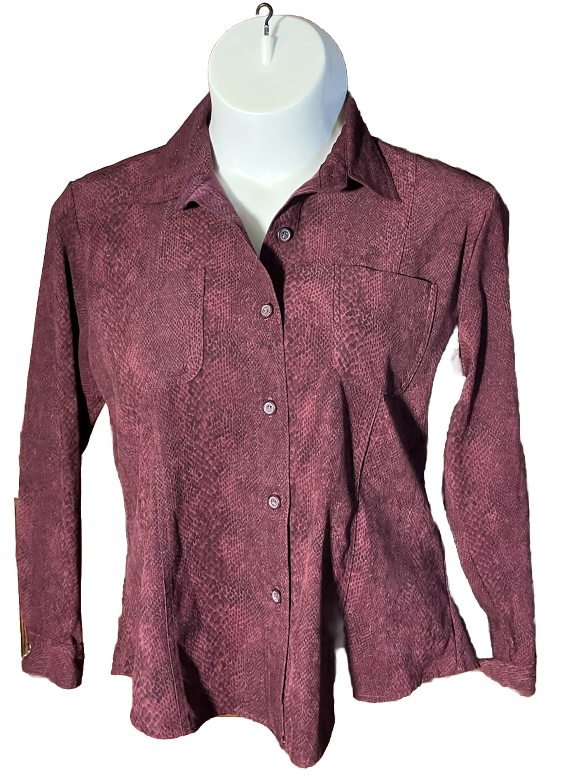 Vintage Erin London Faux Large Snake Print Button Up Blouse Burgundy