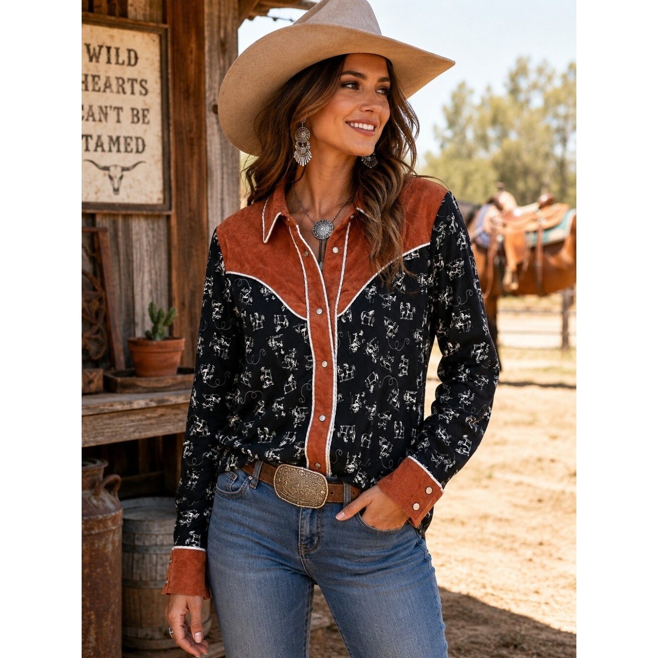 Cruel Denim XL Western Horse Print Snap Shirt Faux Suede Yoke Cowgirl Rodeo