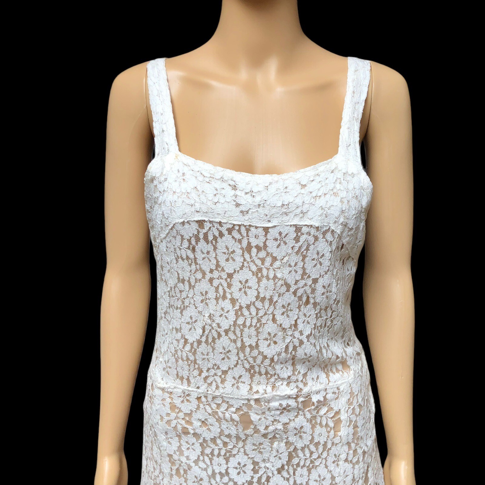 Vintage 30s White Lace Nightgown Gown Dress Sheer Sleeveless Lingerie Repair