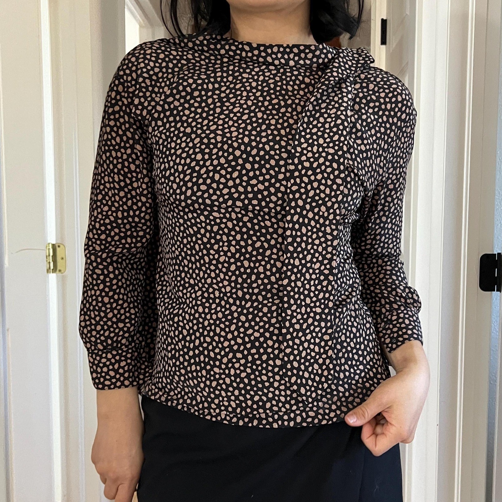 vtg 80s animal spot XS cravat button down blouse brown black neutrals