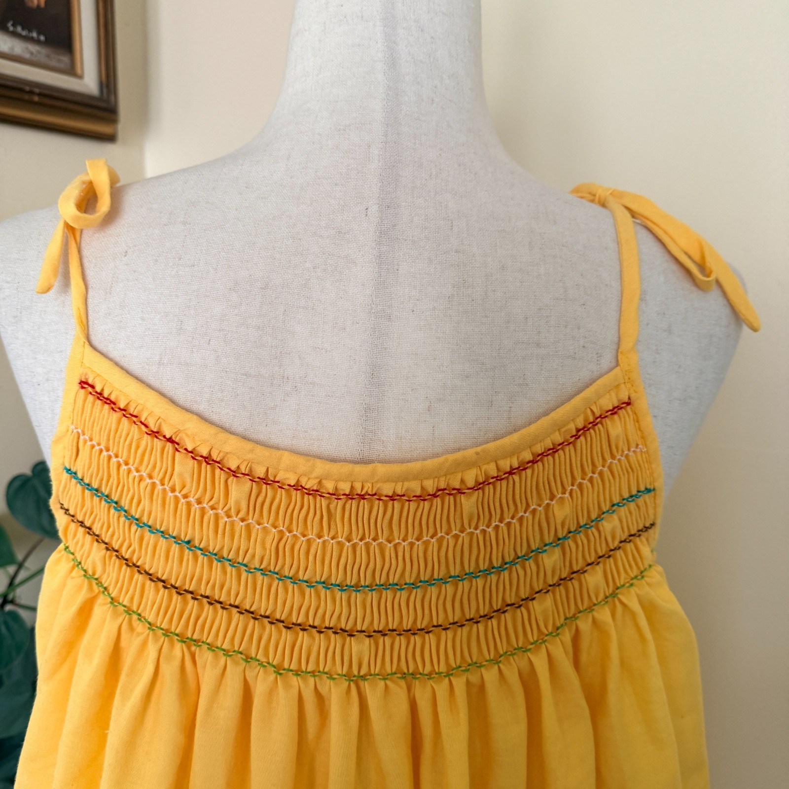 Handmade Artisan Mexican Style Embroidered Bird Smocked Sundress Tie Sleeves