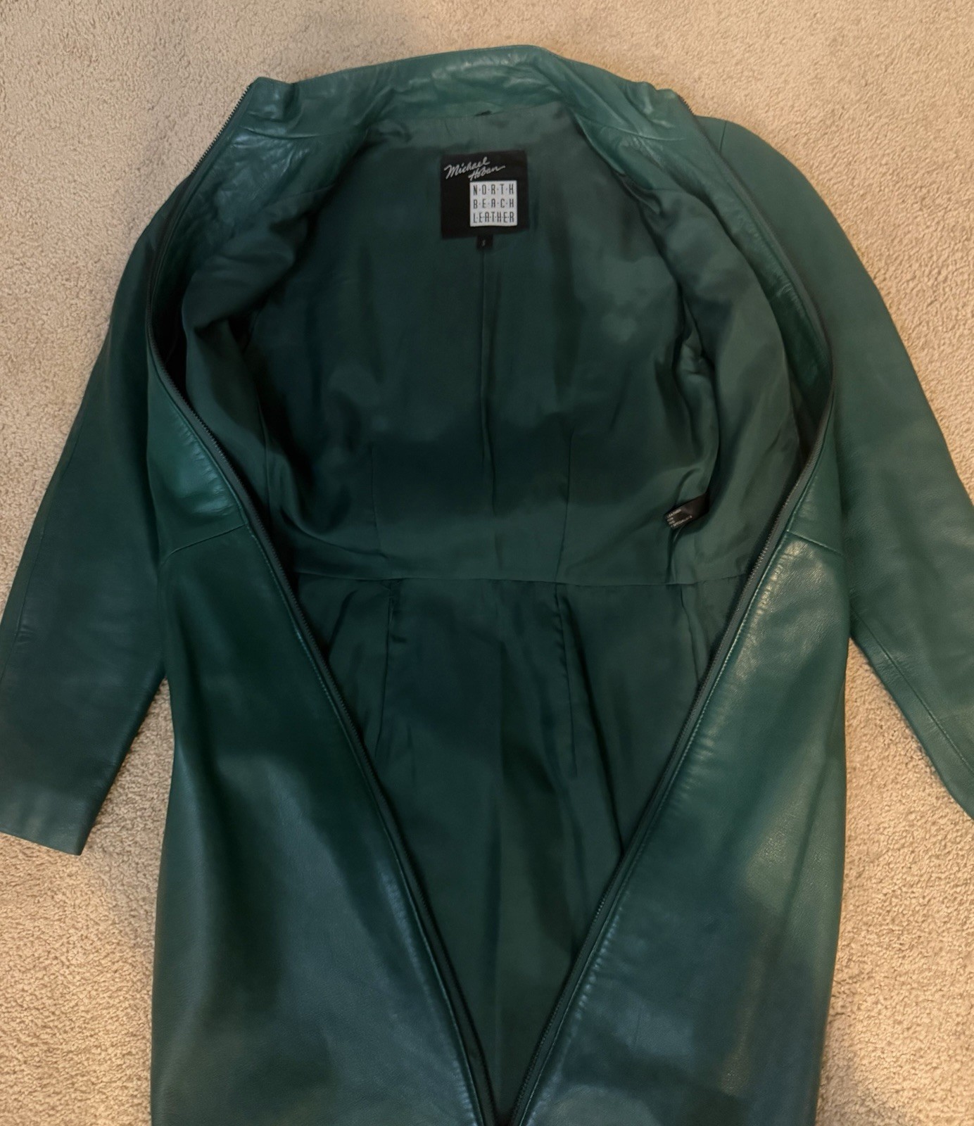 VTG Michael Hoban North Beach Green Leather Dress Front Zip S 2