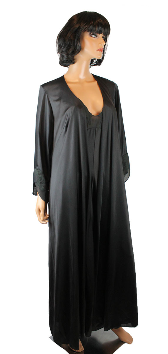 Black Peignoir Set Sz 34 S Vintage Vanity Fair Long Robe Nightgown Chiffon Lace