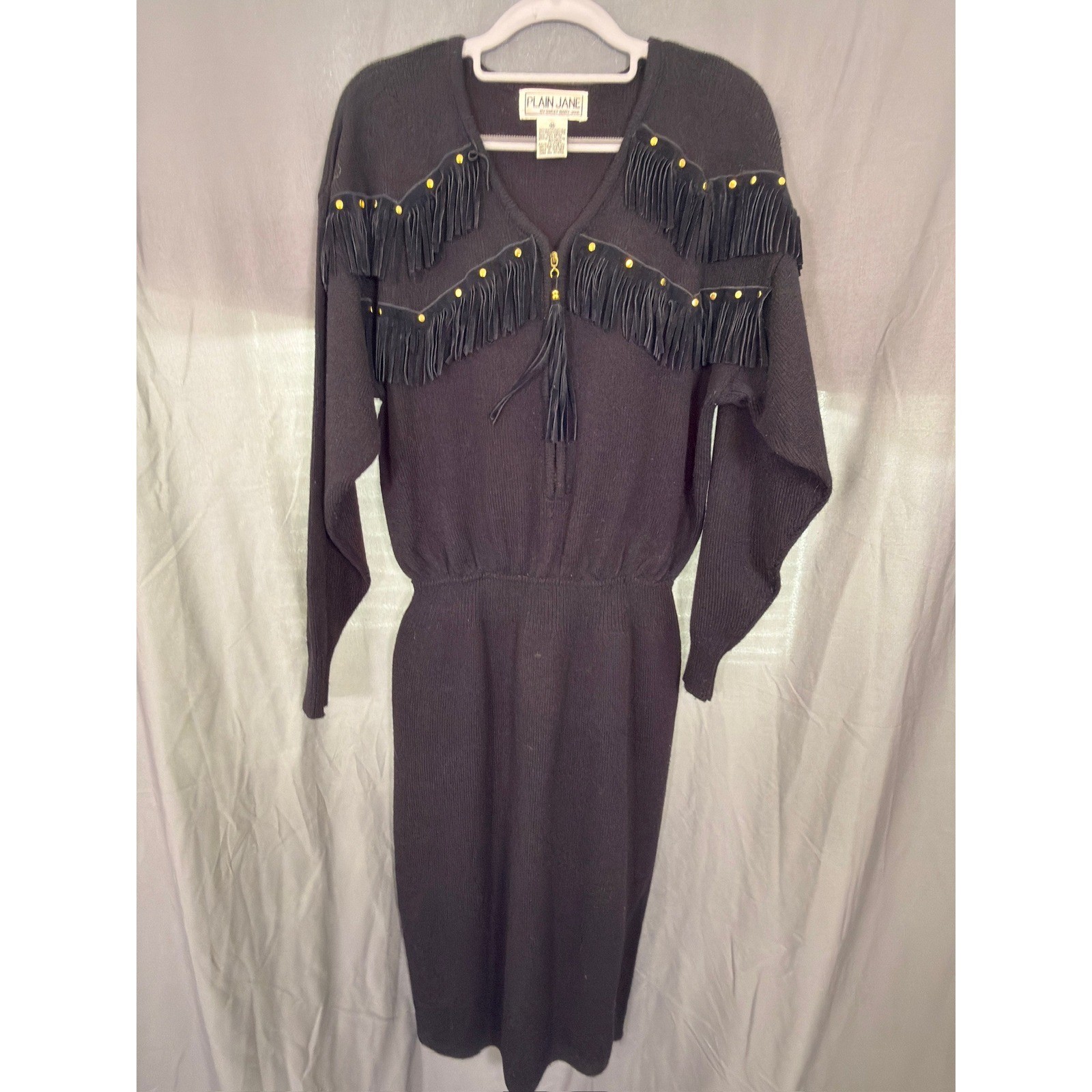 Plain Jane Vintage Western Fringe Studded Knit Midi Dress Black Tassel Size M