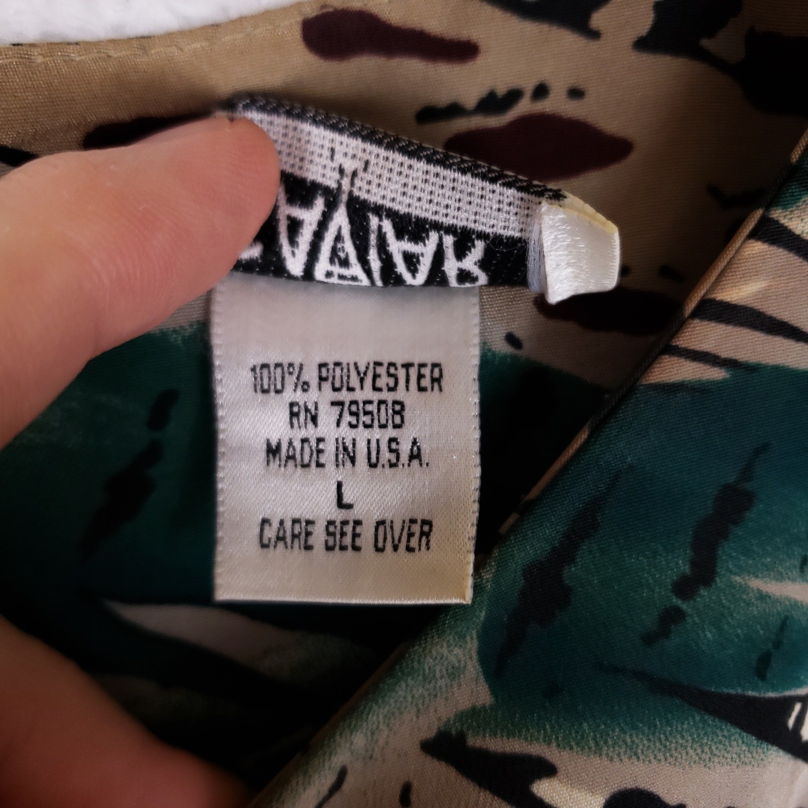 Vintage Caviar 80s Abstract Feather Print Boxy Blouse Green Tan Size L USA Made