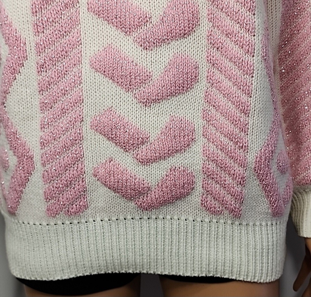 Spunky Metallic Pink/White Sweater Womens S/M Mock Neck Hearts print Knit Top