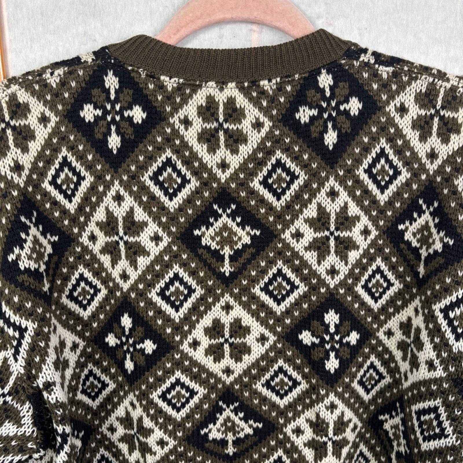 Vintage Jersild Virgin Wool Fair Isle Cardigan Sweater Olive Green Geometric L