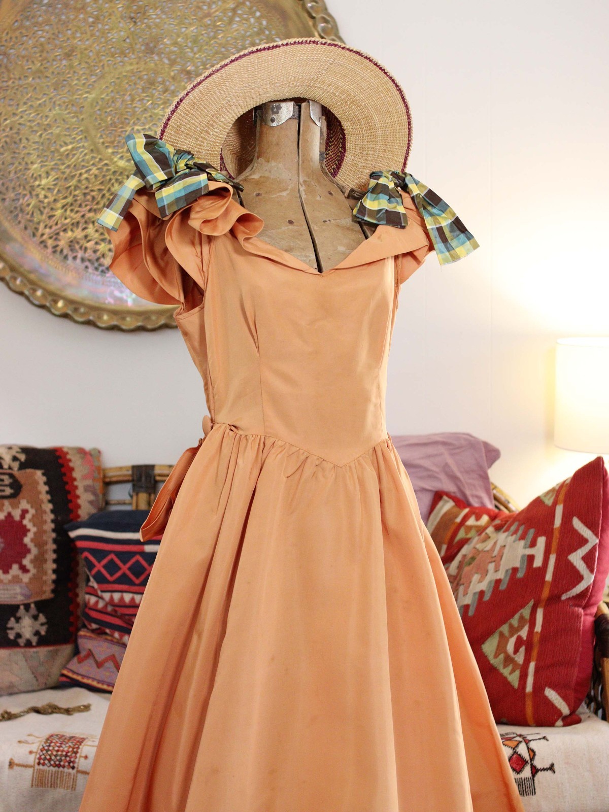 VTG 40s Southern Bell Maxi Gown Dress Ruffle Shoulders Bustle Back Gold Apricot