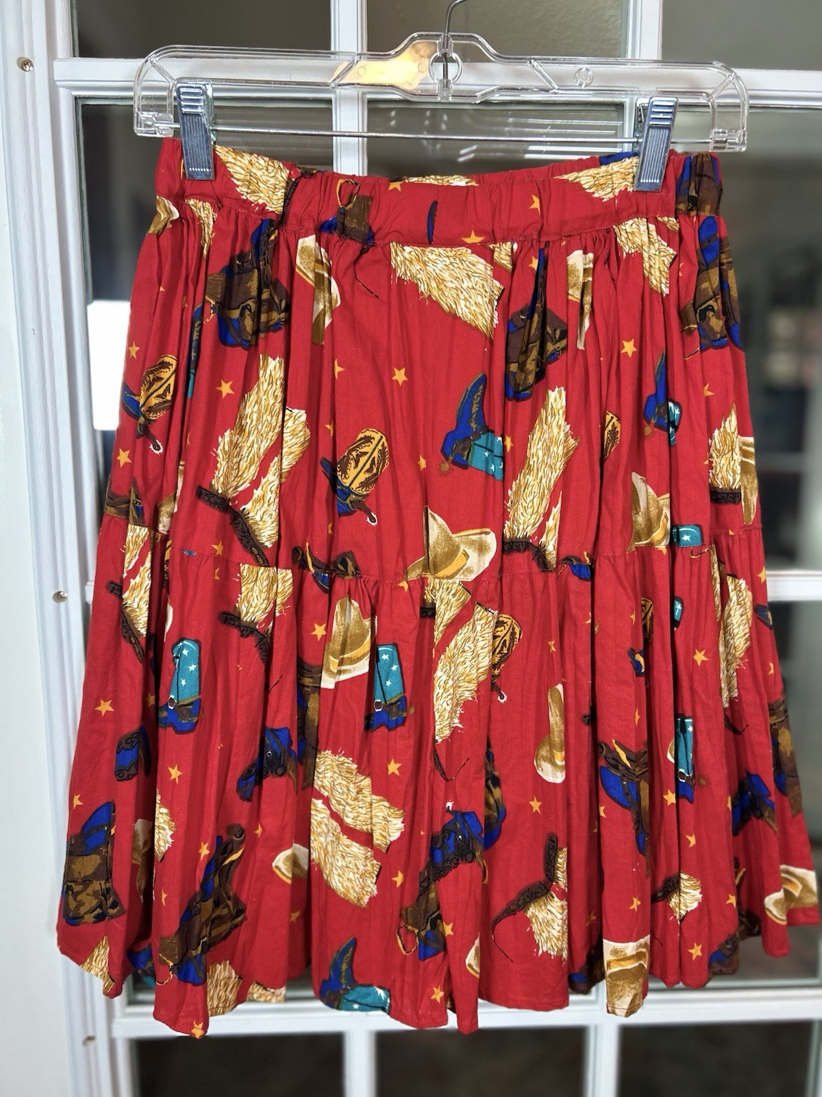 Vintage Liza Lynn Red Western Novelty Print Skirt Gathered Cotton Size S/M Texas