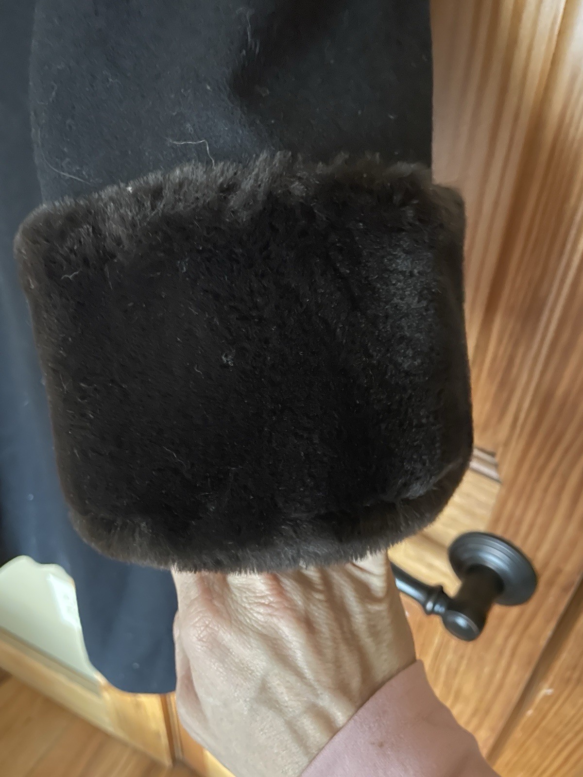 Vintage Black Wool Duster Coat With Faux Fur Collar And Cuffs