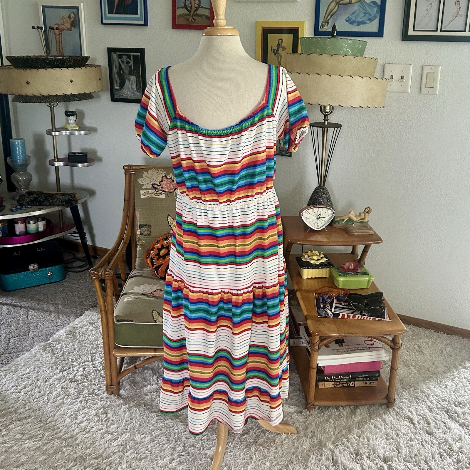 Vintage 1940s Style Dress | Rainbow Stripe | Peasant | XL 2XL | Volup | 70s