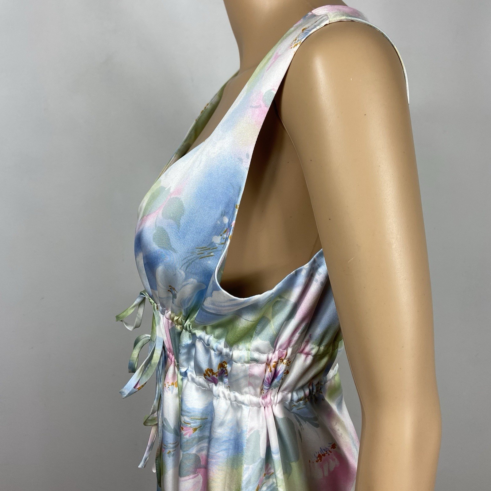 Vtg 70s Stella Fagin Satin Nightgown Adjustable Deep V Maxi Dress Floral Pastel