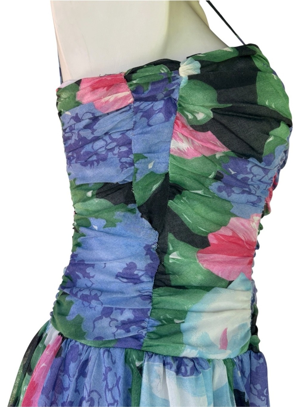 Vintage 80s Floral Chiffon Dress Open Back Fit Flare Party Prom 6 Small