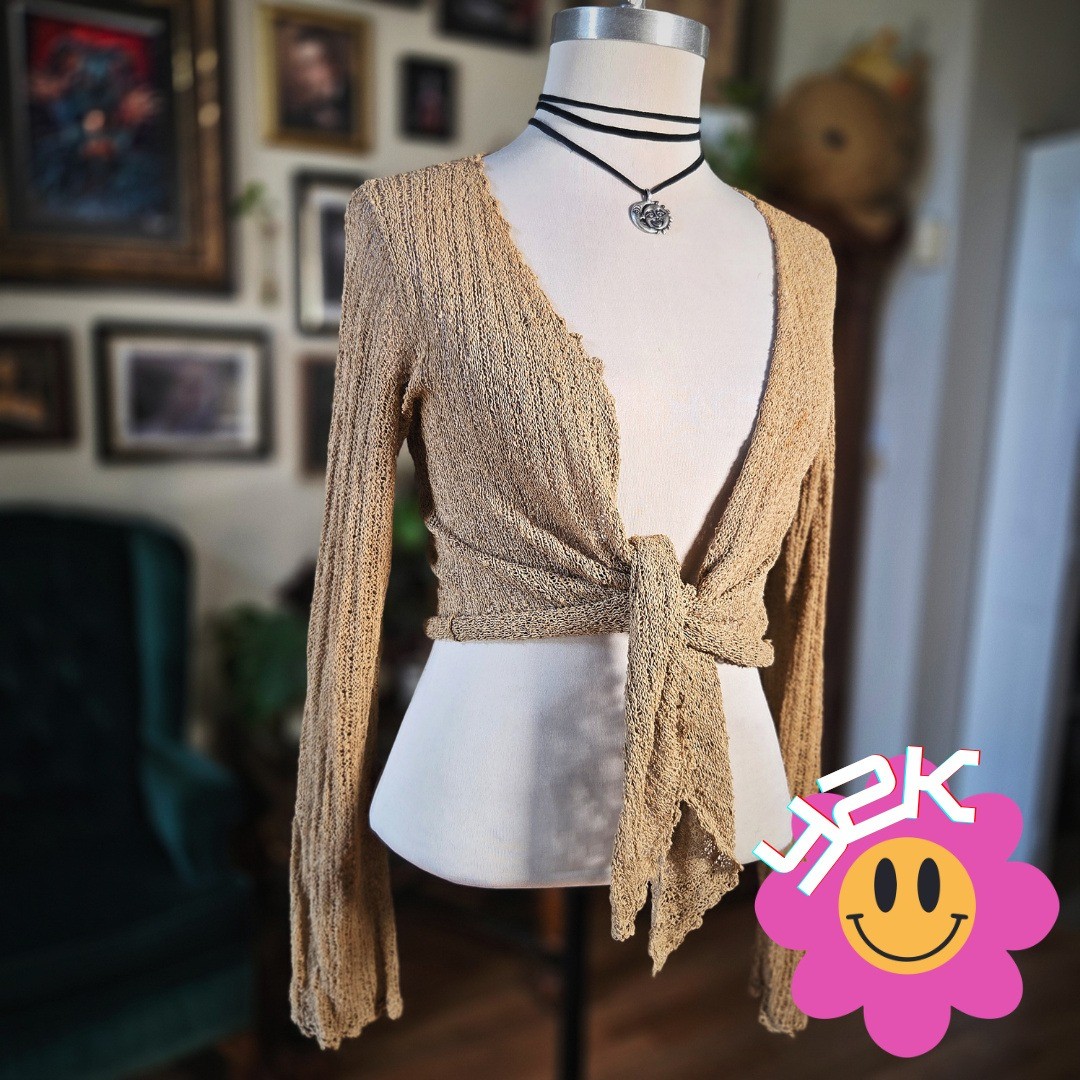 Gabriel S Cardigan Vintage Y2K Tan Tie Front Open Knit Sweater Top Boho Small