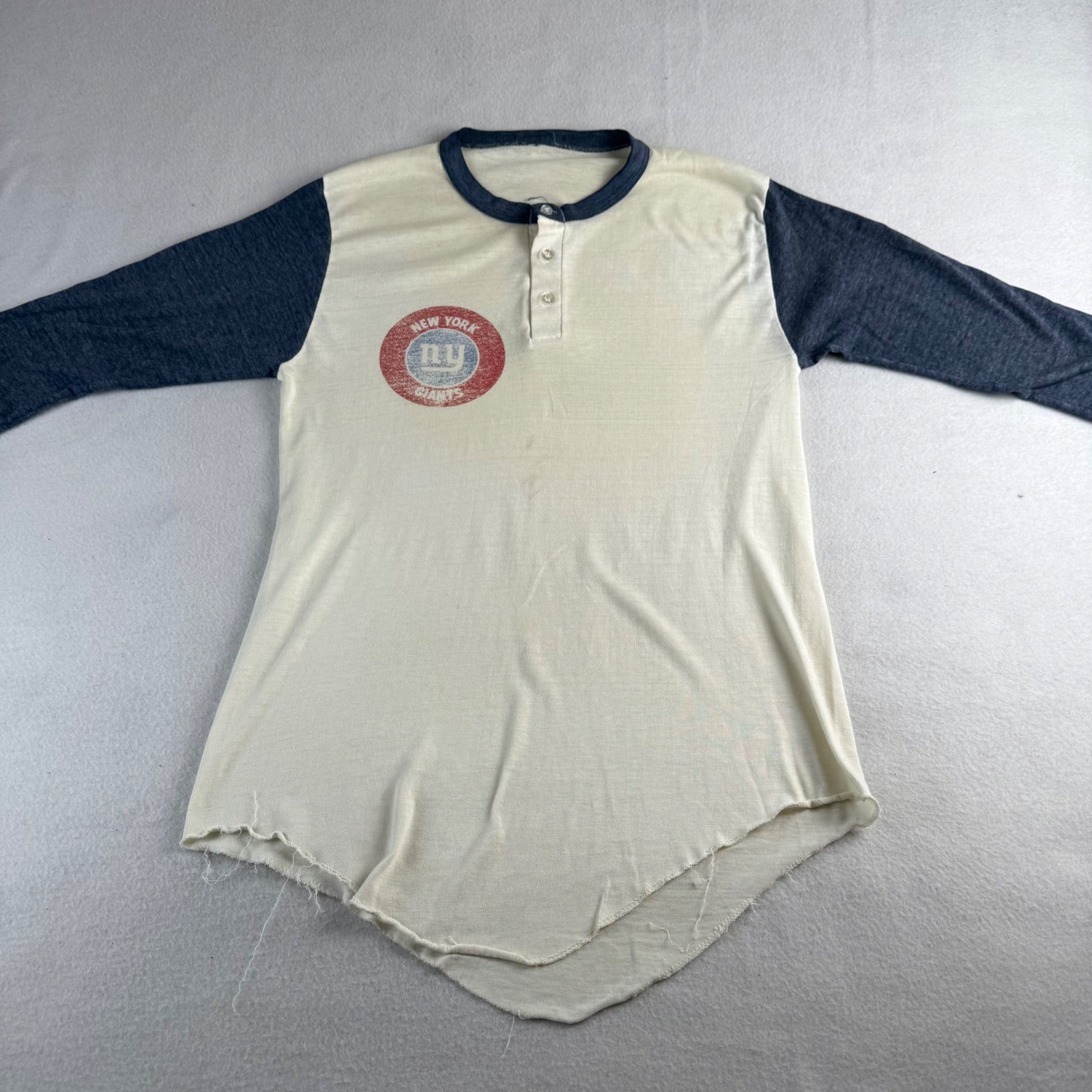 Vintage NY Giants Raglan Henley Shirt Cream Navy Blue Raw Hem Distressed Women’s