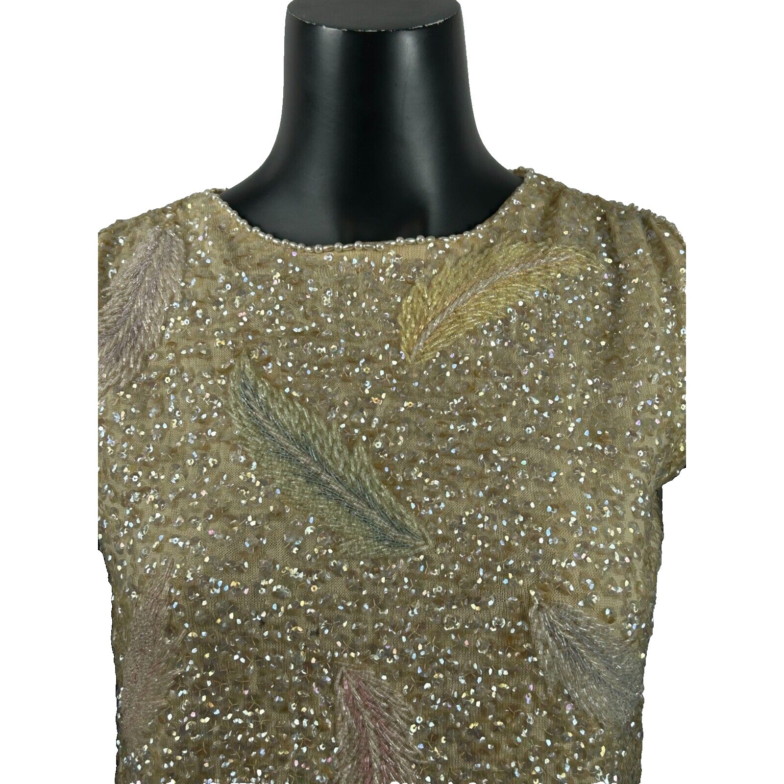 Vintage Sleeveless Sequin Beaded Feather Top Women’s Medium Shell 1950s Flaw