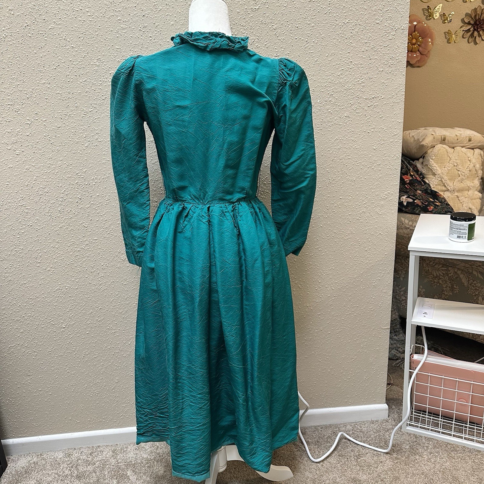 VTG 50s William Pearson Retro Midi Dress Ruffle Collar High Neck Emerald Green S