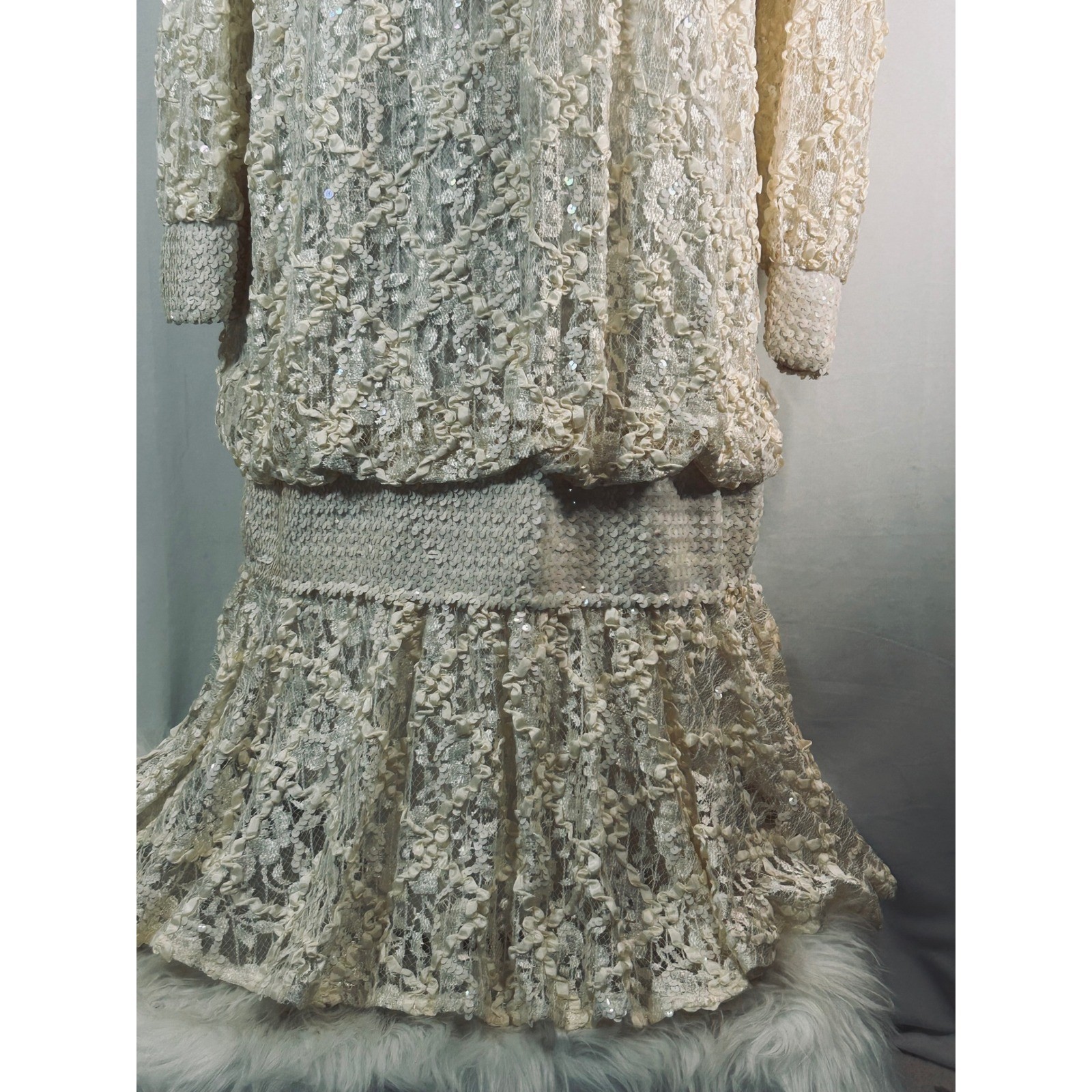 Vintage Damianou Ivory Lace Sequin Drop Waist Gown Long Sleeve Tiered Ruffle