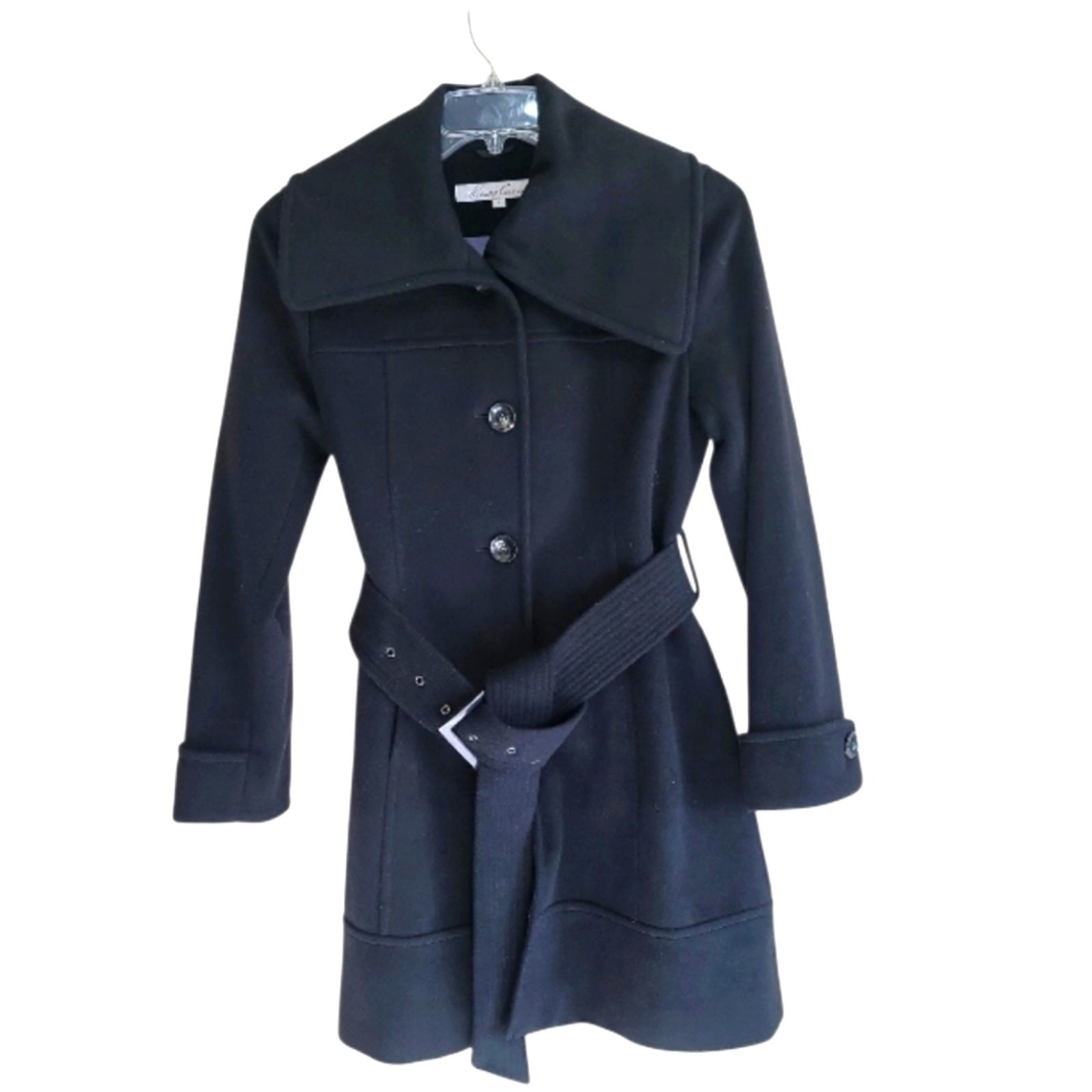 Kenneth Cole Women Black Woolblend Belted Pea Coat Size 4